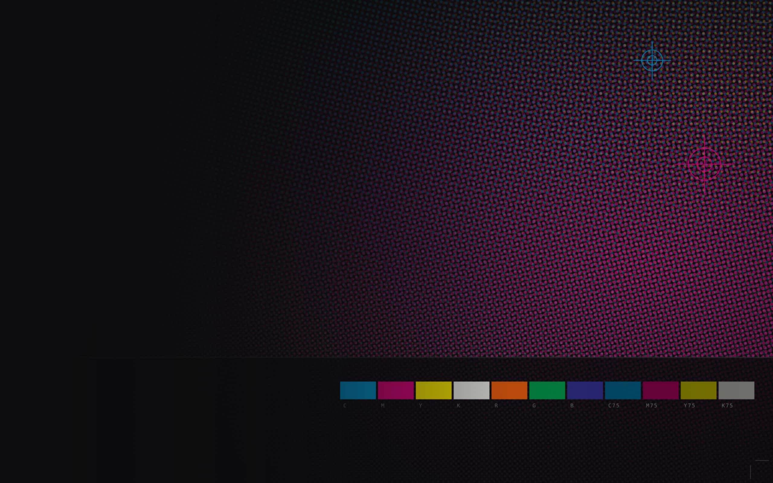 A four-colour process press sheet — cyan, magenta, yellow and black halftone dots with registration targets and a printed colour control strip.