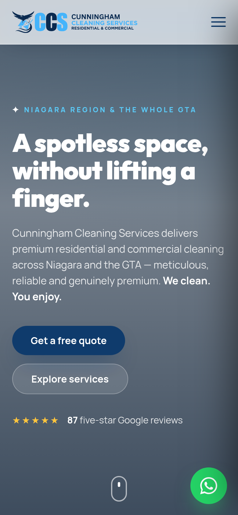 The ccscleanings.ca homepage on a phone