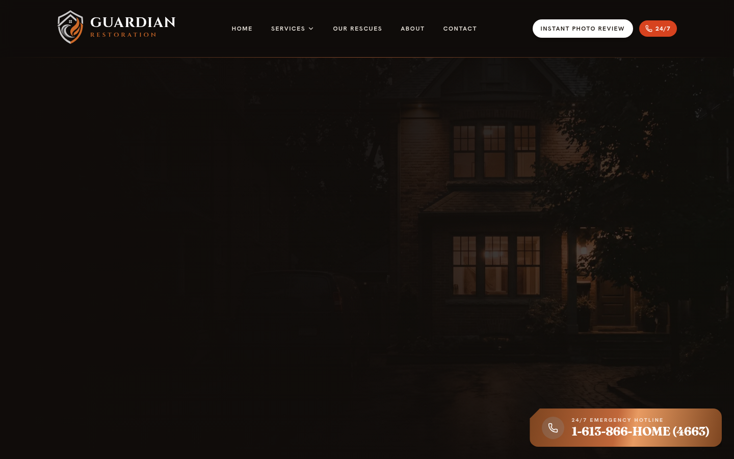 The Guardian Restoration Services homepage, shown on a laptop