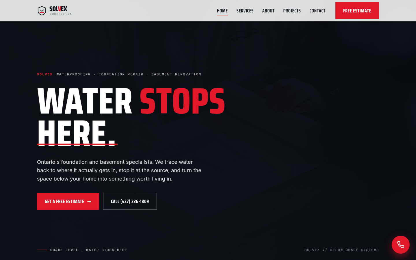 The Solvex Construction homepage, shown on a laptop