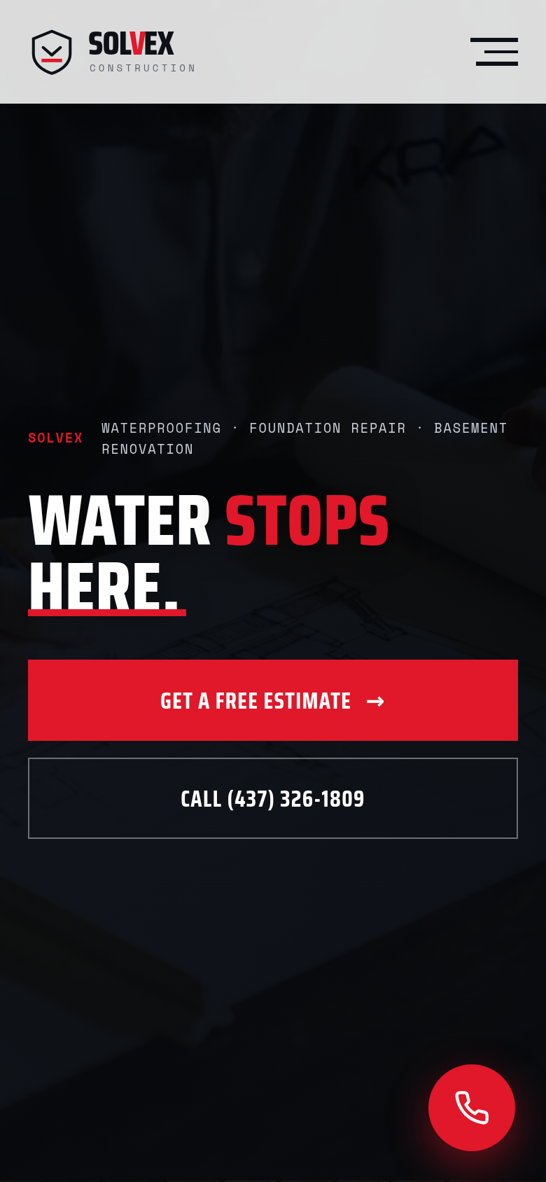 The solvexconstruction.ca homepage on a phone