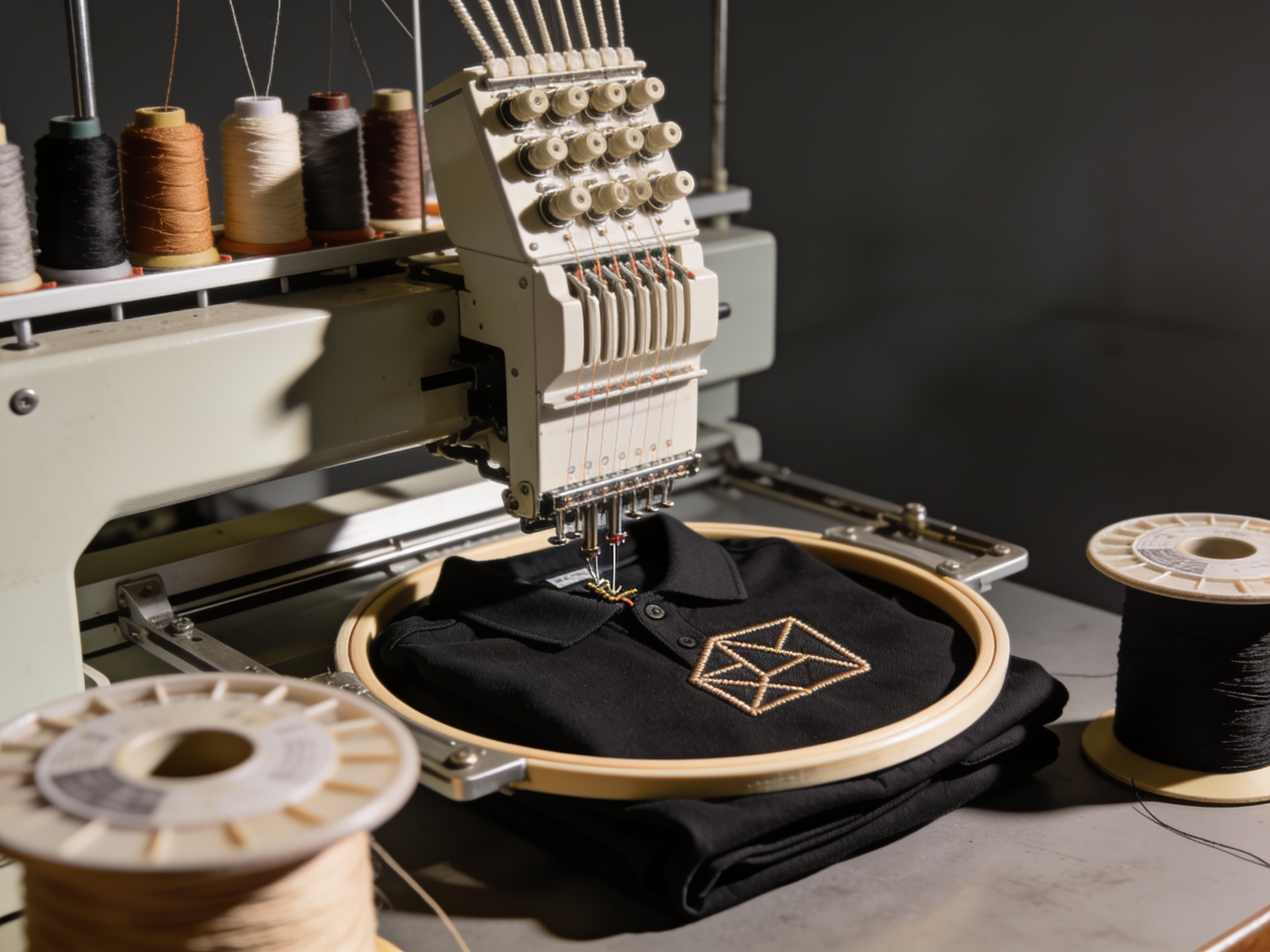 An industrial embroidery machine mid-stitch: thread cones on the rack and a needle head sewing onto a black polo held in the hoop.