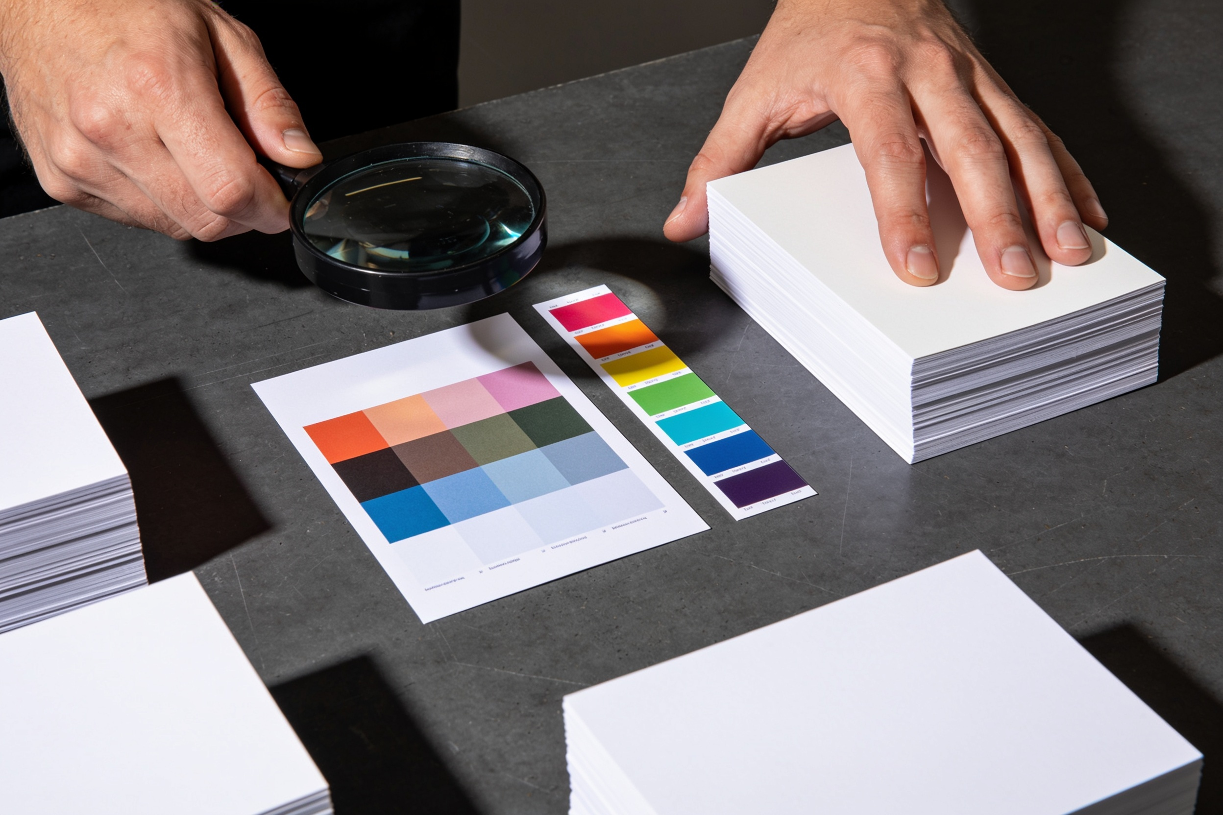 Two pairs of hands checking a printed proof against a colour control bar, one holding a printer's loupe over the sheet.