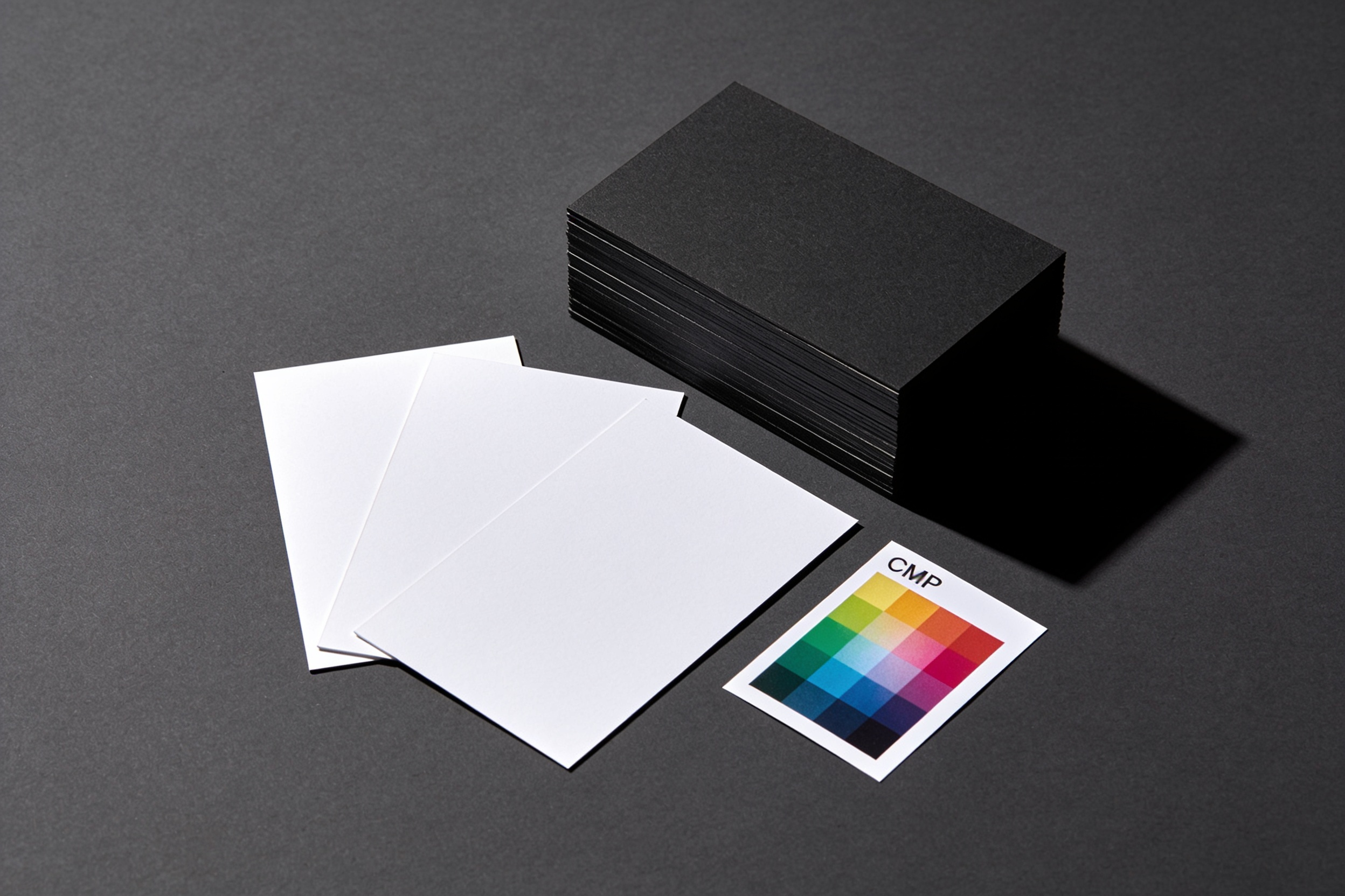 A stack of thick matte business cards with three fanned beside it, photographed top-down next to a printed proof sheet.