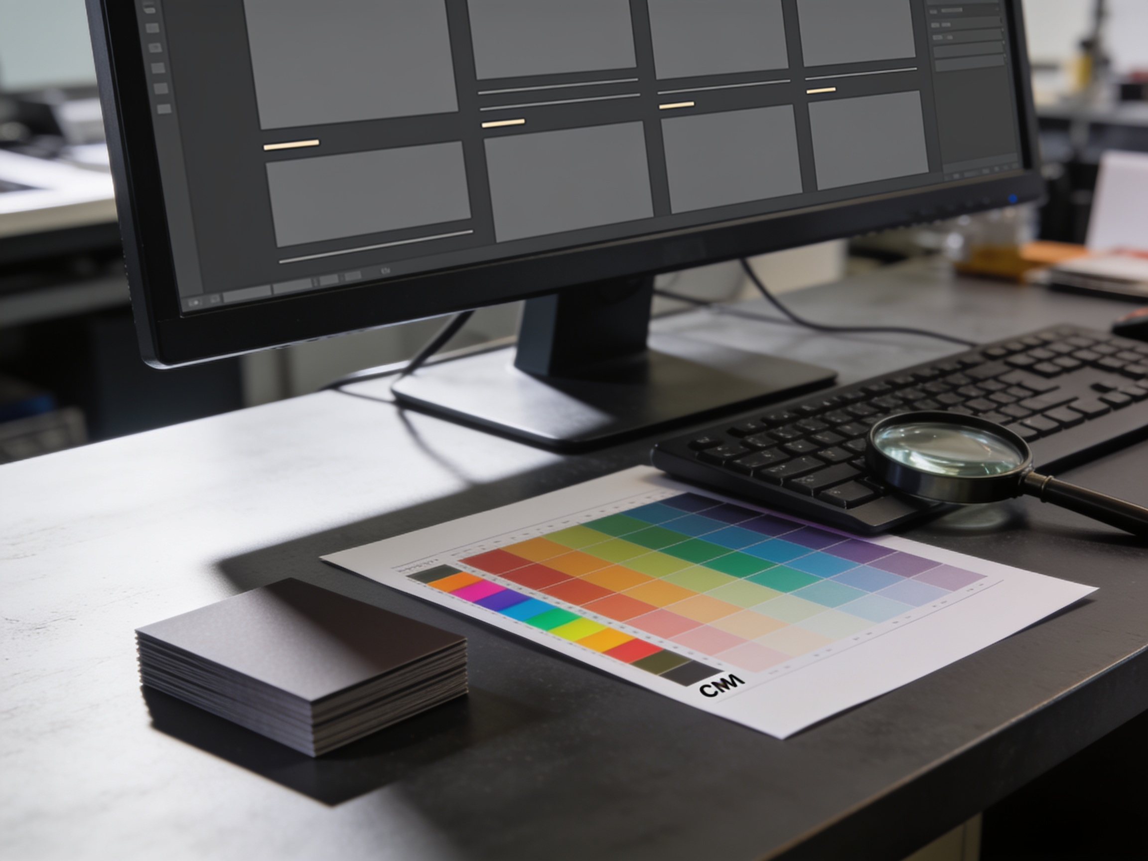 A designer's desk beside the press: a monitor showing a blank page layout, a printed colour proof with a CMYK control bar, a loupe and a stack of cards.