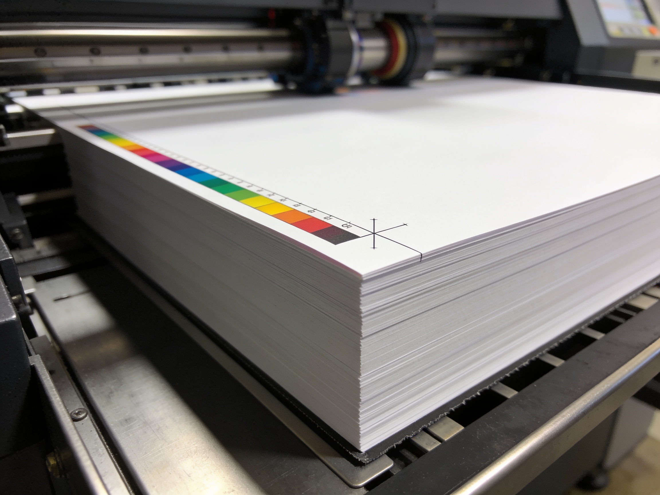 A commercial press mid-run: freshly cut sheets on the delivery tray, a CMYK control bar along the trim edge and registration marks in the margin.