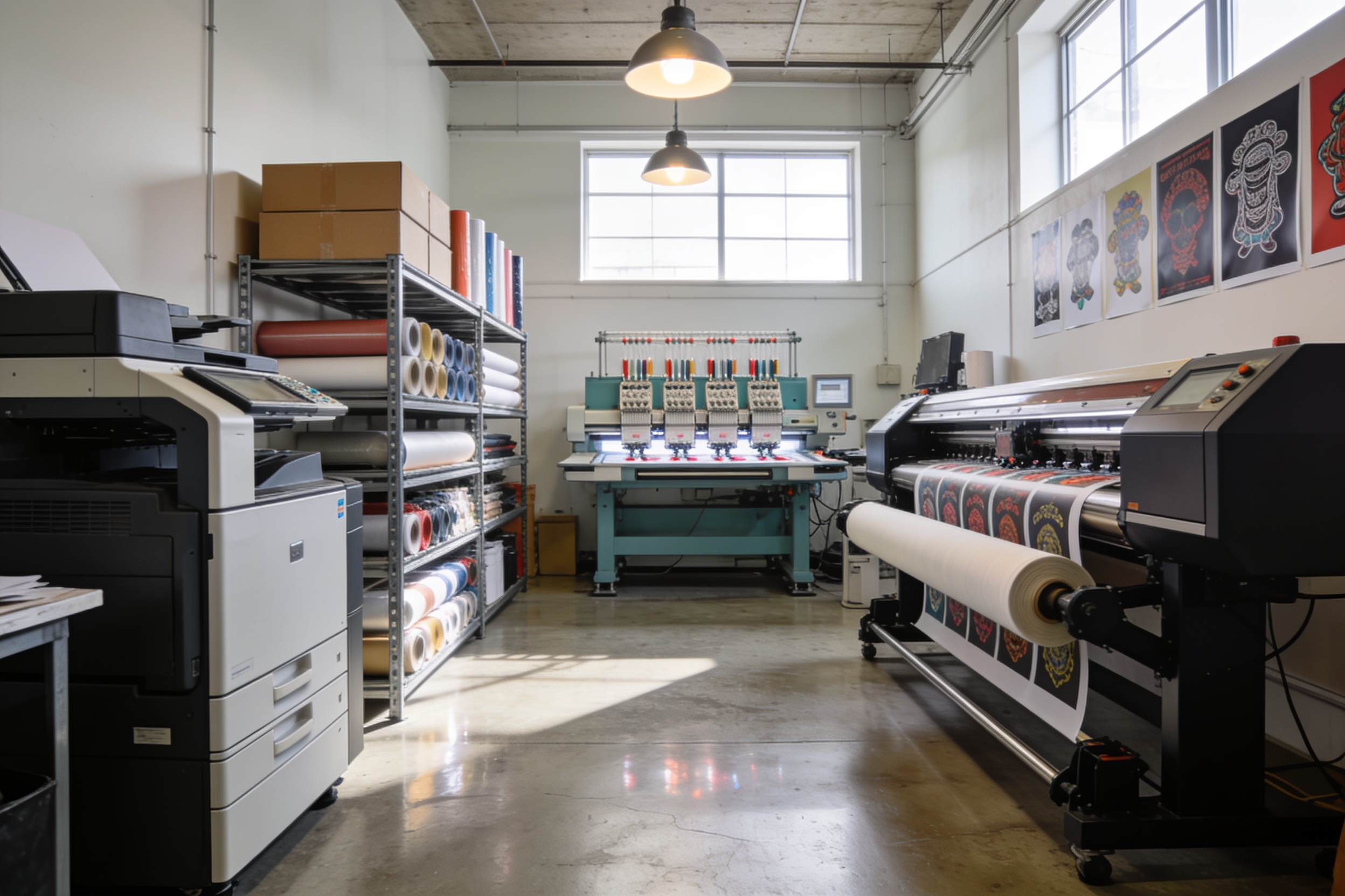The inside of a print and signage workshop: a digital press, a wide-format roll printer, an embroidery machine and shelved rolls of vinyl.