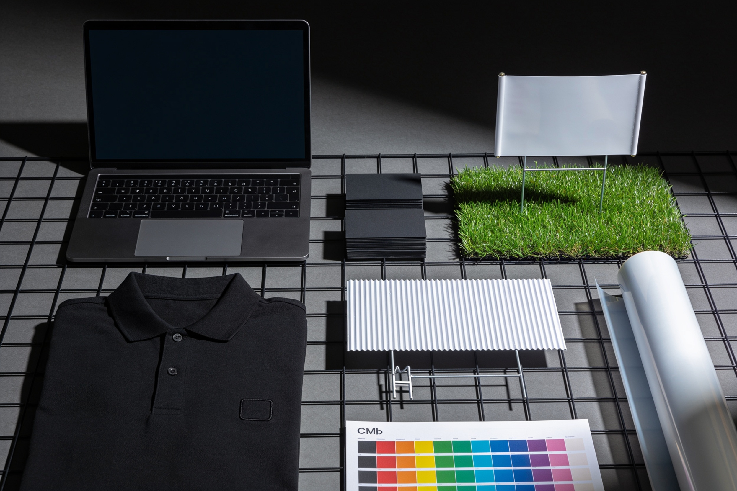 A full spread photographed top-down: a laptop, business cards, a rolled banner, a lawn sign with its stake, a folded polo and a roll of cut vinyl.