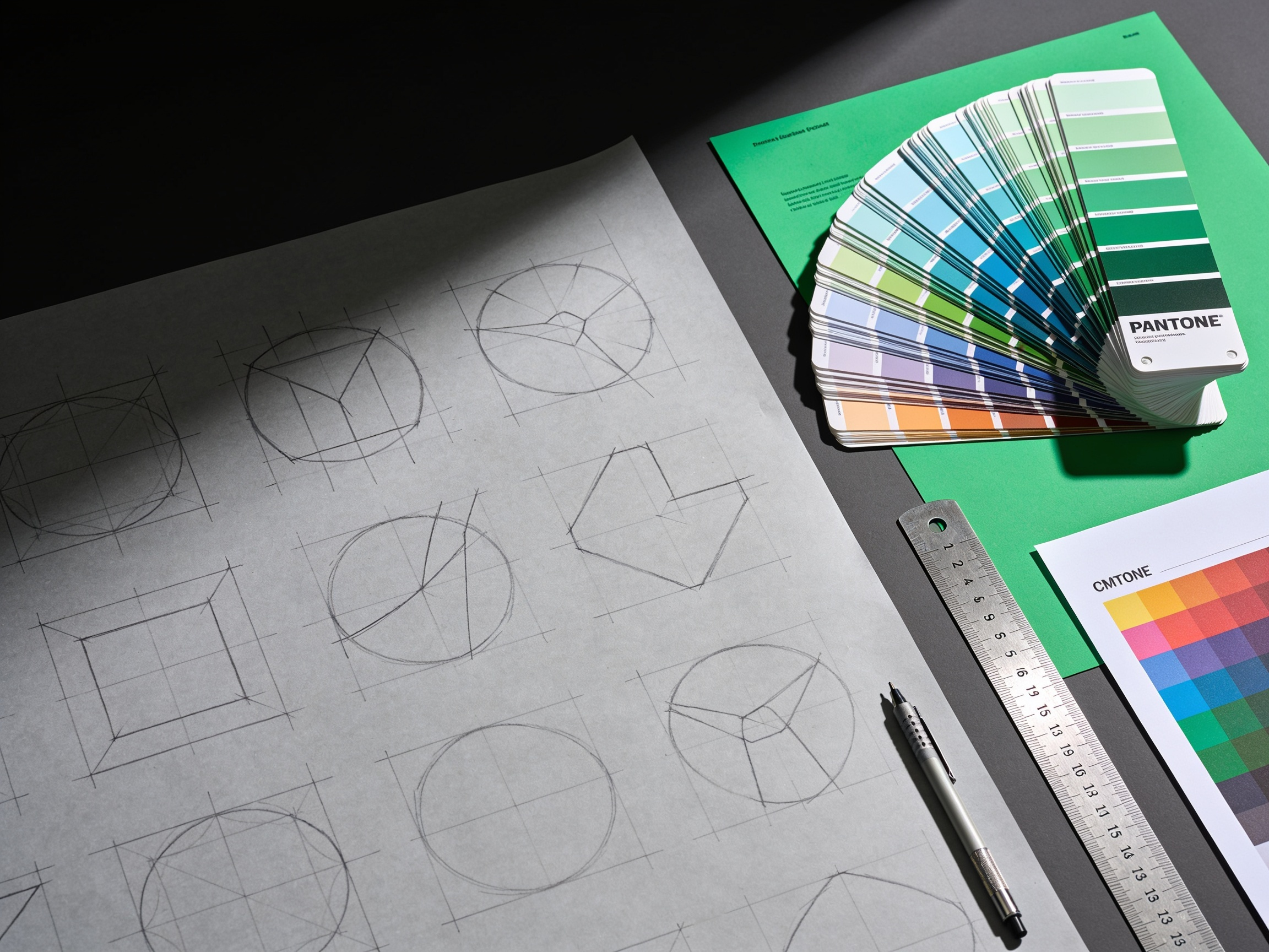 A design desk from above: pencil sketches on tracing paper, an open Pantone swatch book, a steel ruler and a printed colour proof.