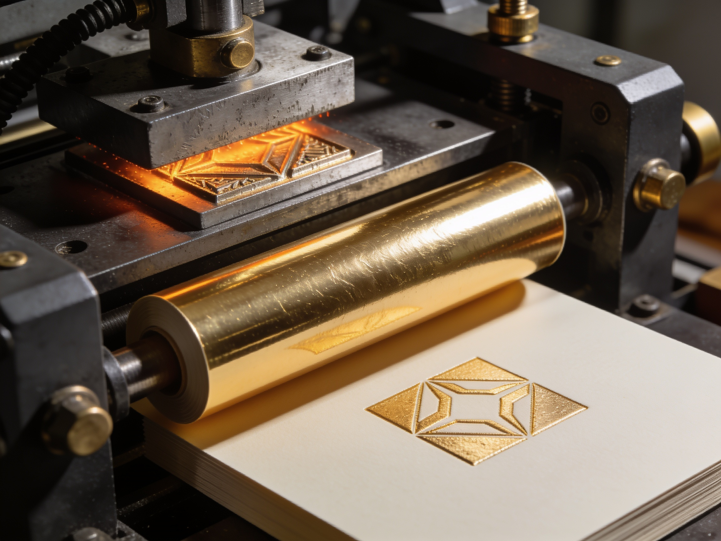 A hot foil press: a heated die in the platen, a roll of gold leaf feeding through, and a thick card sheet showing the impression.