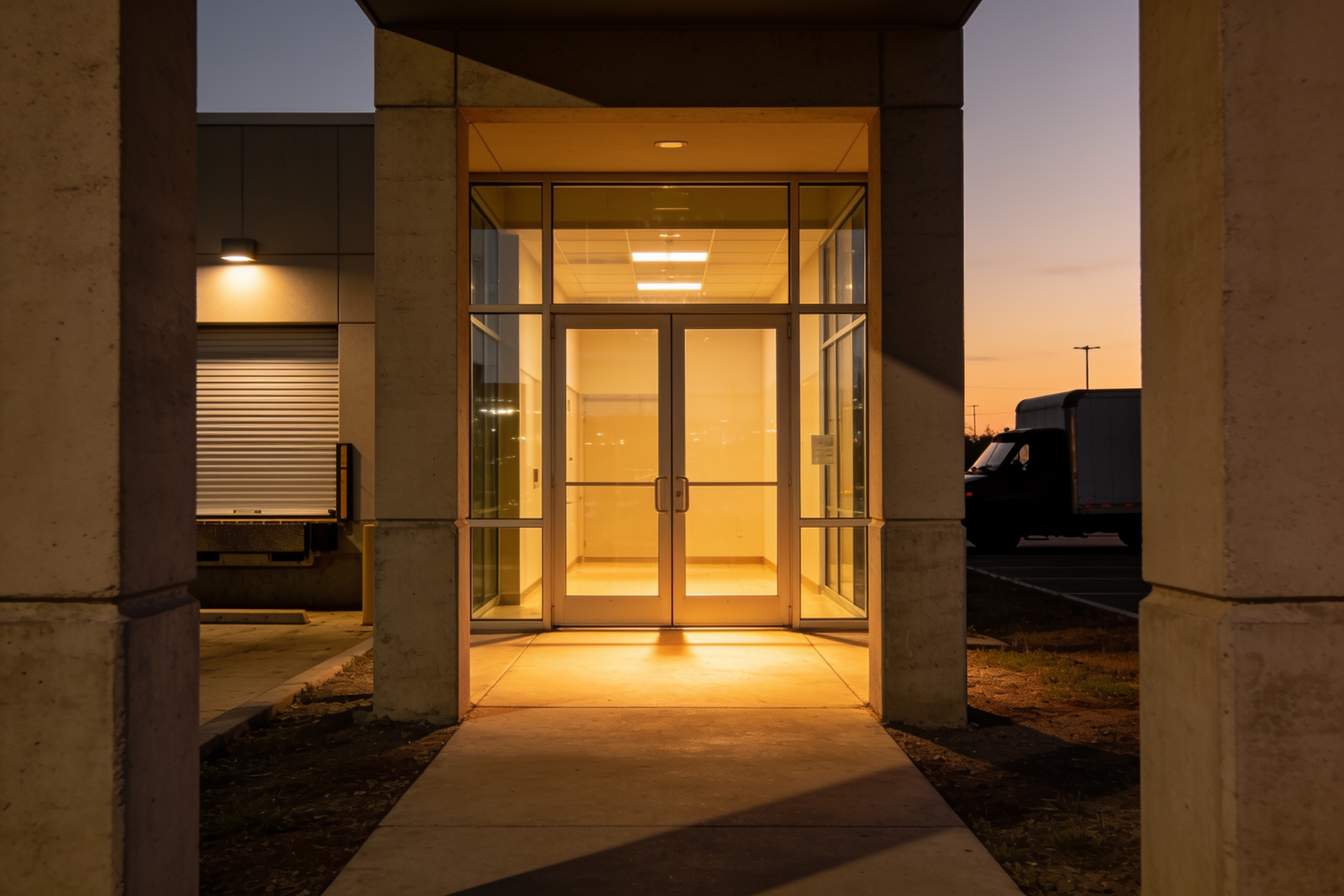 The glass entrance of a commercial unit in a low-rise business park at dusk, with a loading shutter to one side.