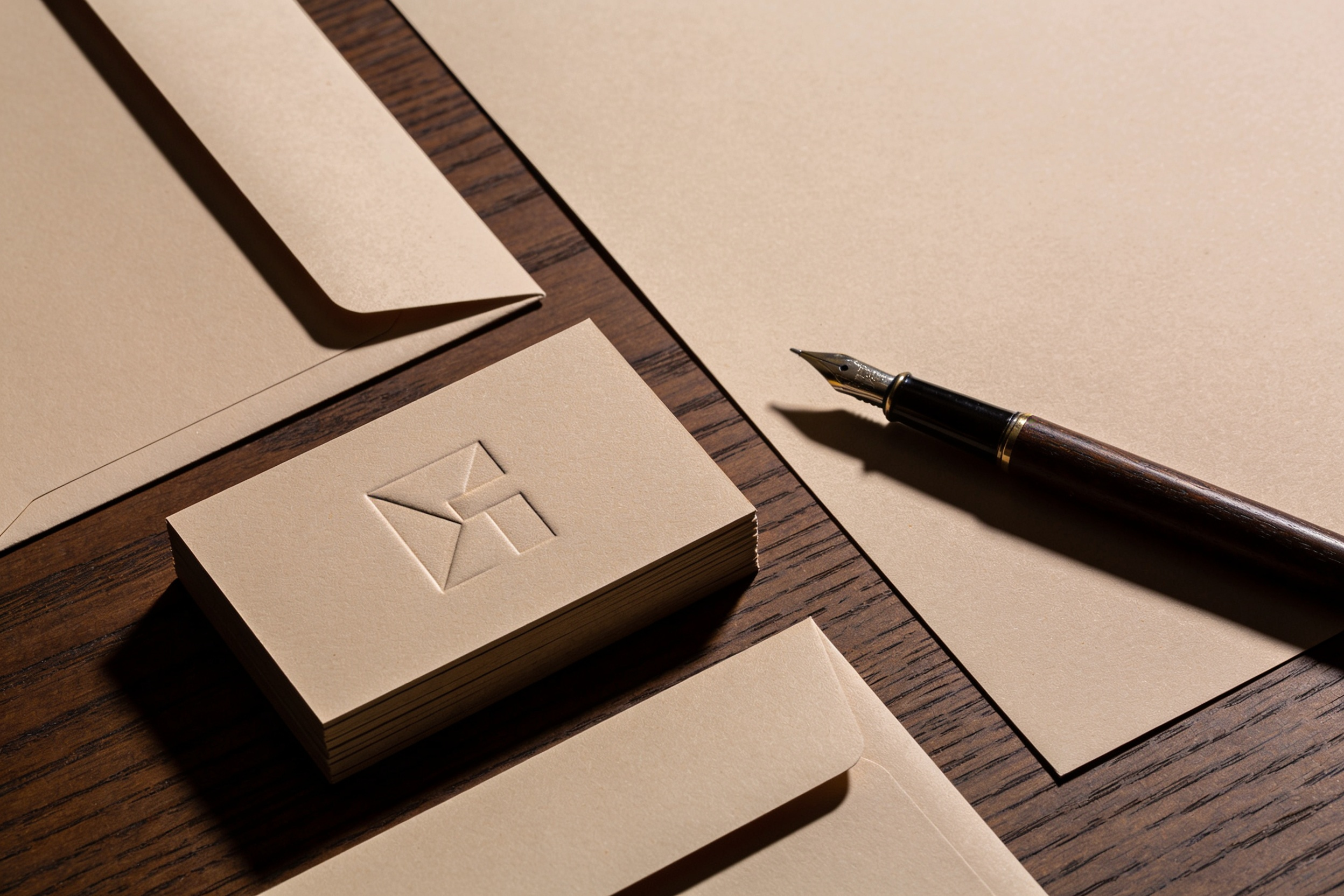 A stationery set on a dark oak desk: uncoated letterhead, envelopes and blind-debossed cards with a fountain pen across them.