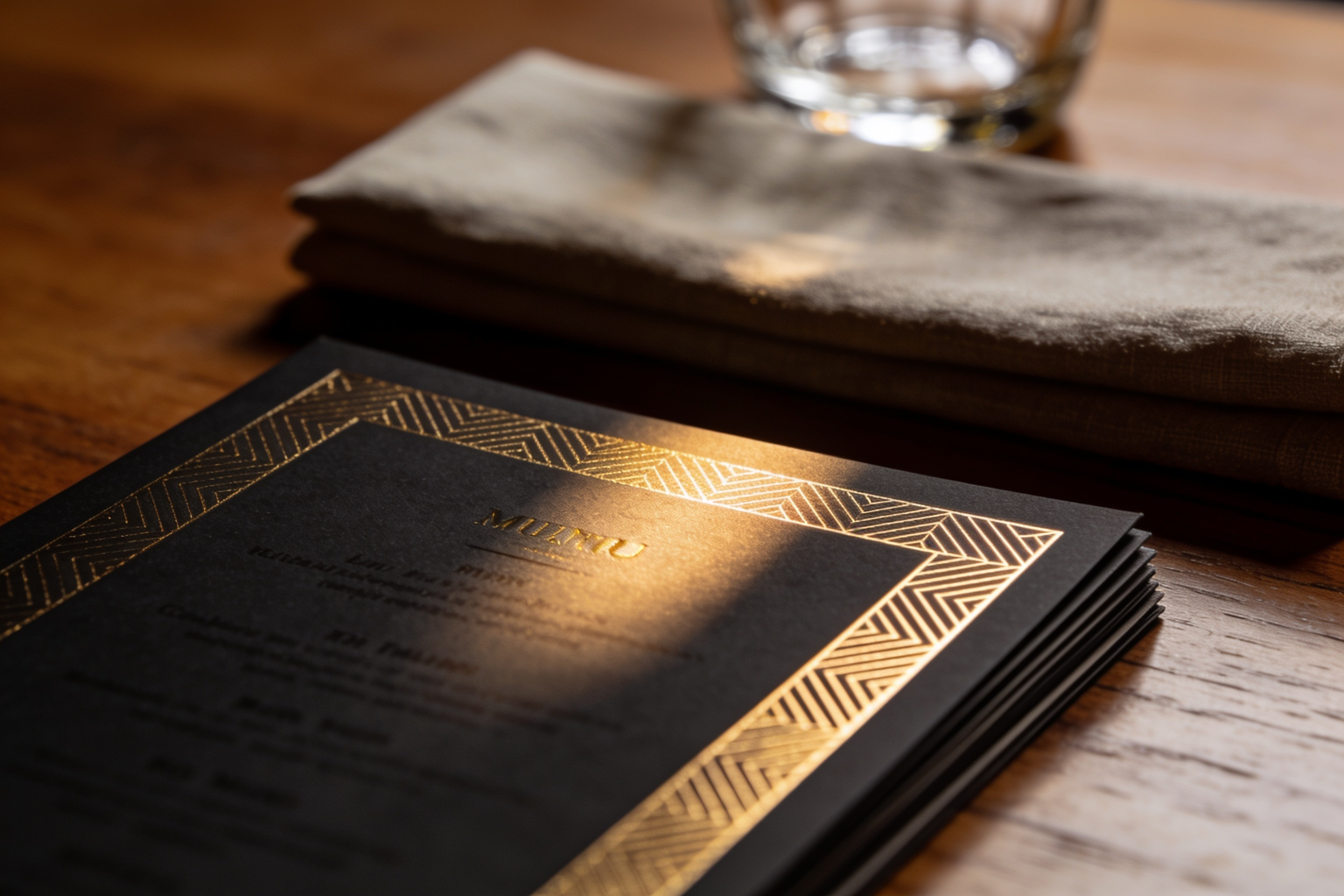 A stack of dark matte menu cards on a restaurant table, the top one catching light on a gold foil border.