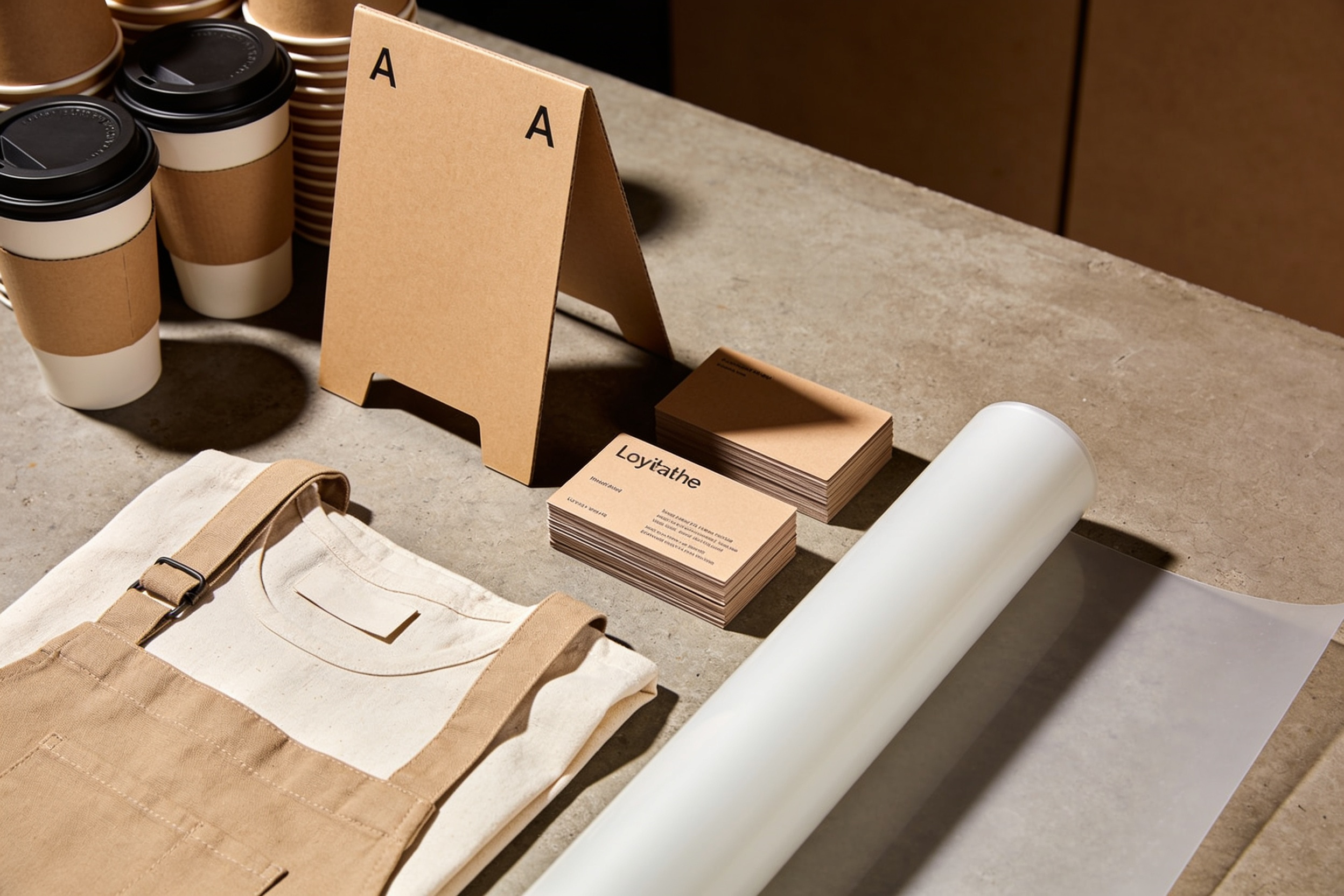 A café opening kit photographed top-down: takeaway cups with kraft sleeves, an A-frame insert, loyalty cards, an apron and window vinyl.
