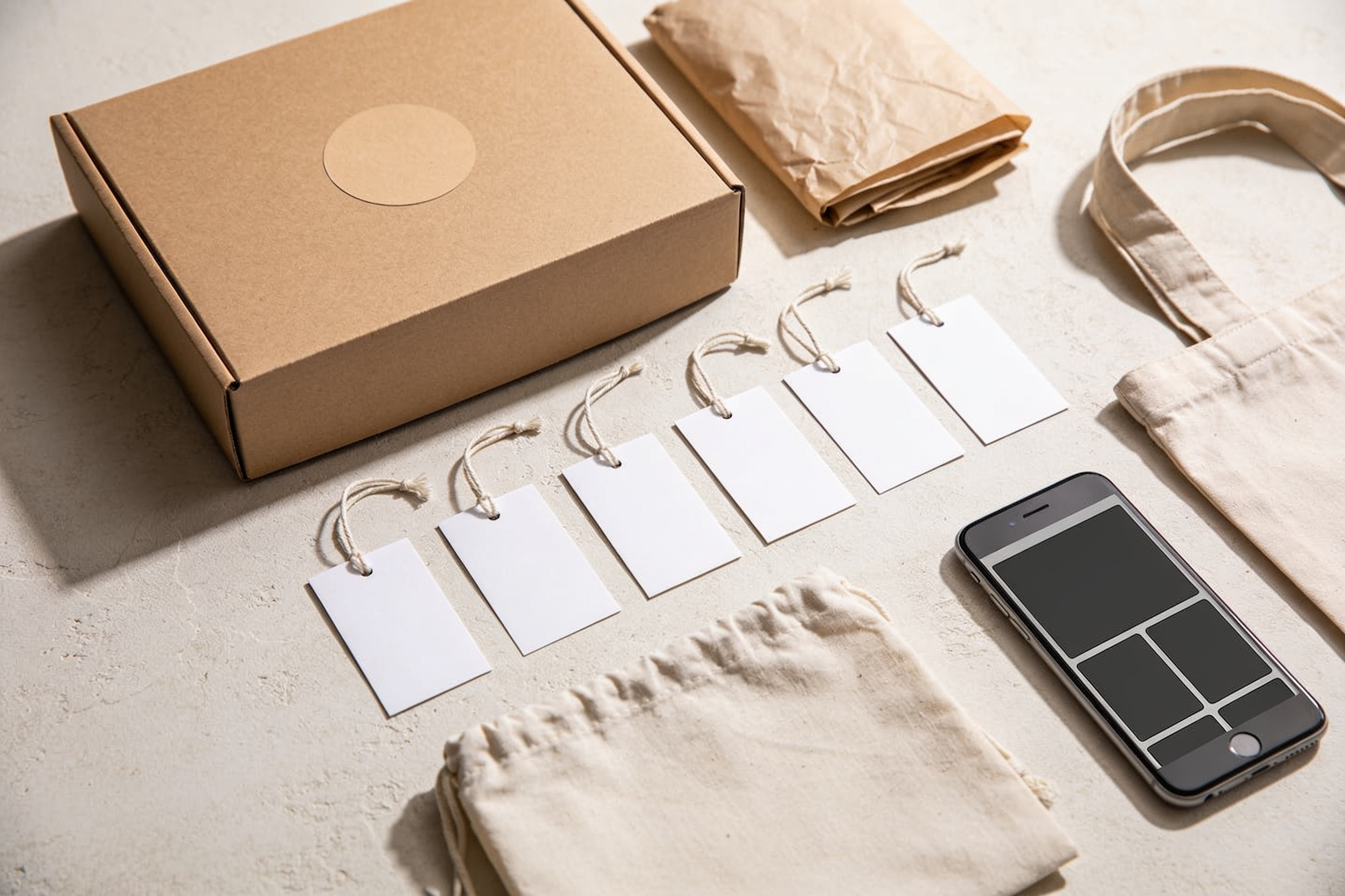 Retail packaging photographed top-down: a sealed kraft box, tissue, hang tags on string, a canvas tote and a phone showing a product page.
