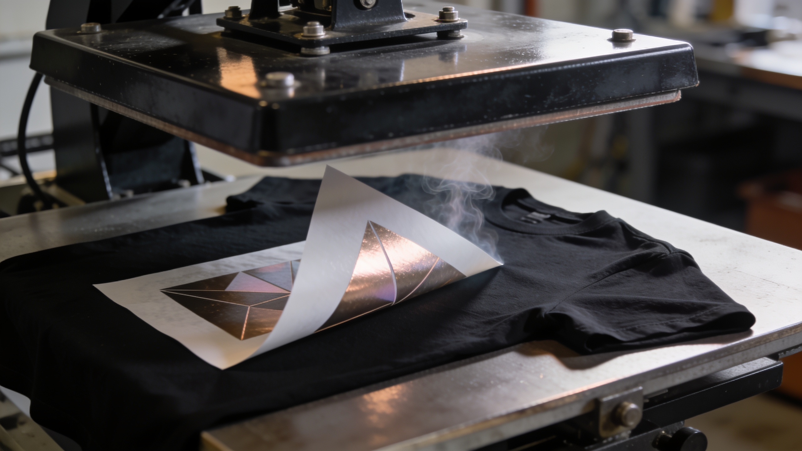 A heat press closing onto a black t-shirt, transfer film lifting at one corner.