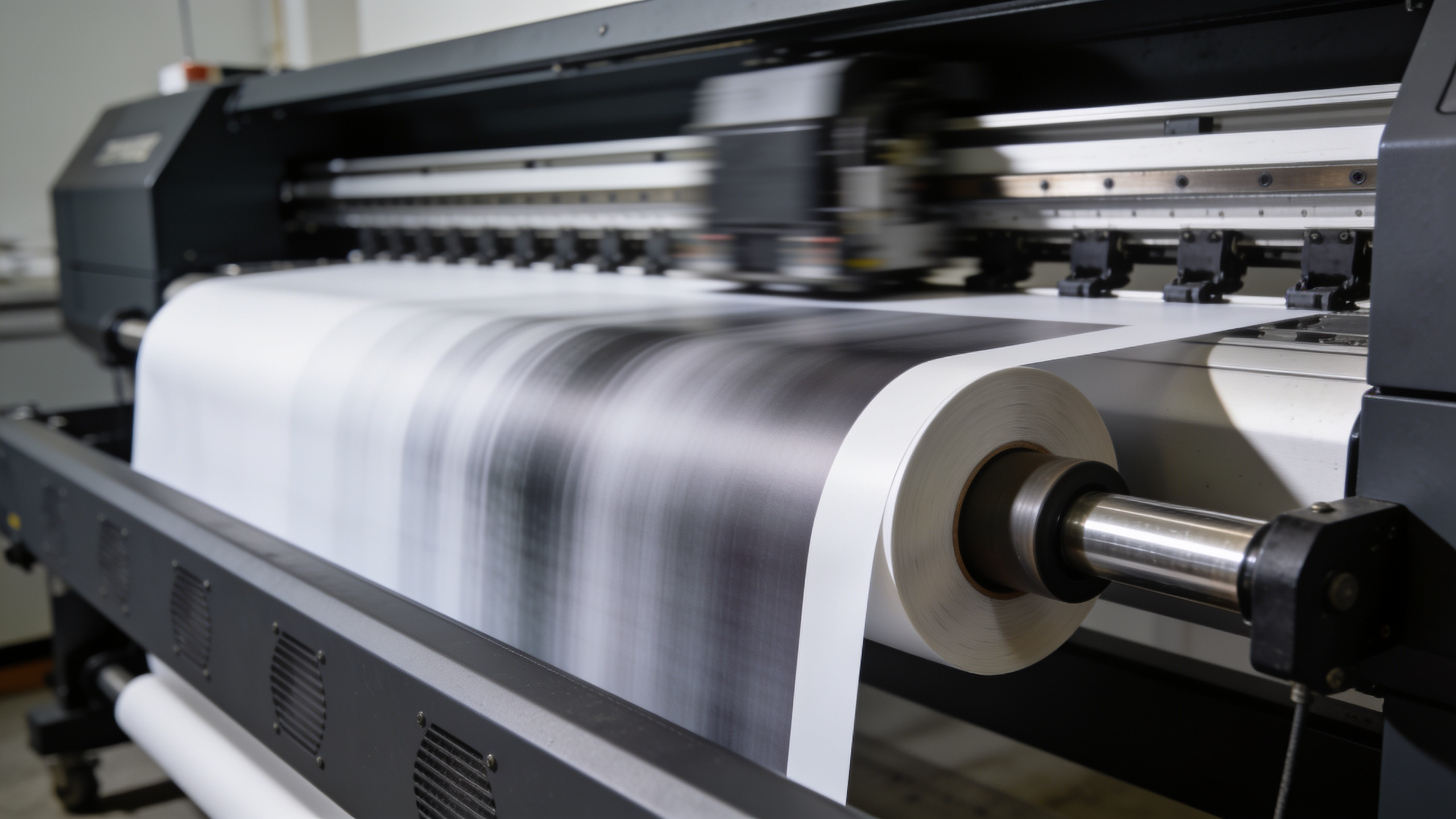 A wide-format roll printer mid-print, vinyl feeding out over the take-up roller.