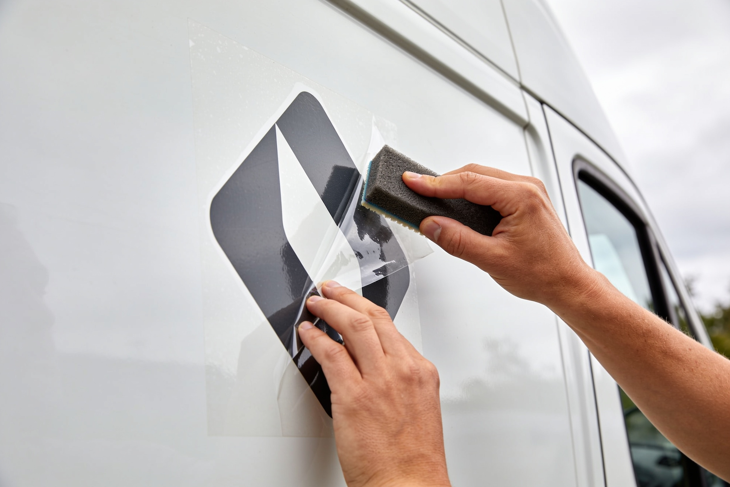 Hands squeegeeing a cut vinyl graphic onto a white van door, transfer tape peeling back from the film.