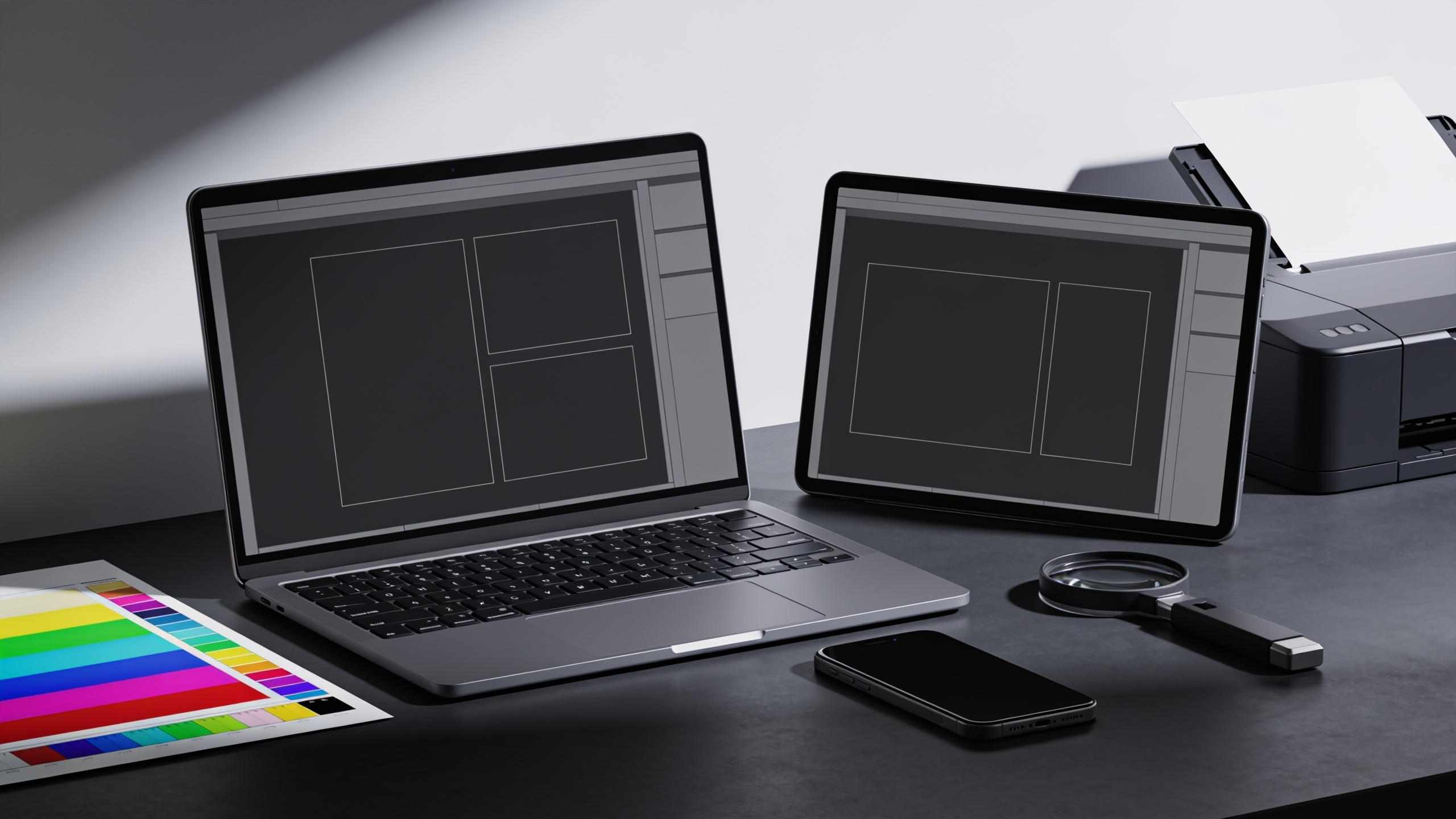 A laptop and a phone showing blank page layouts, beside a printed colour proof and a loupe.