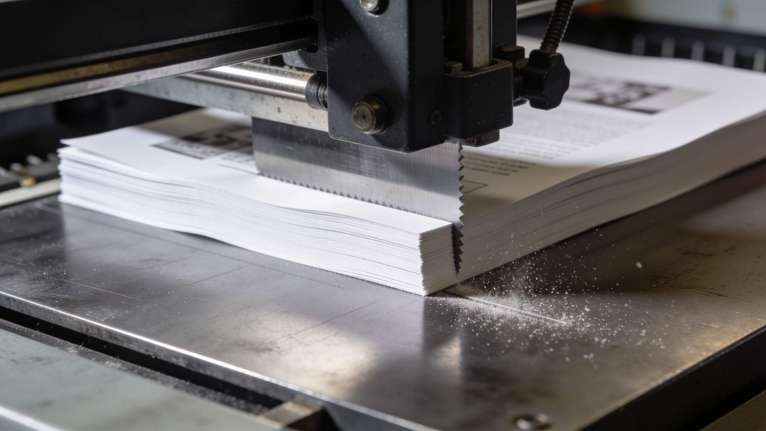 A guillotine cutter blade coming down on a stack of freshly printed sheets.