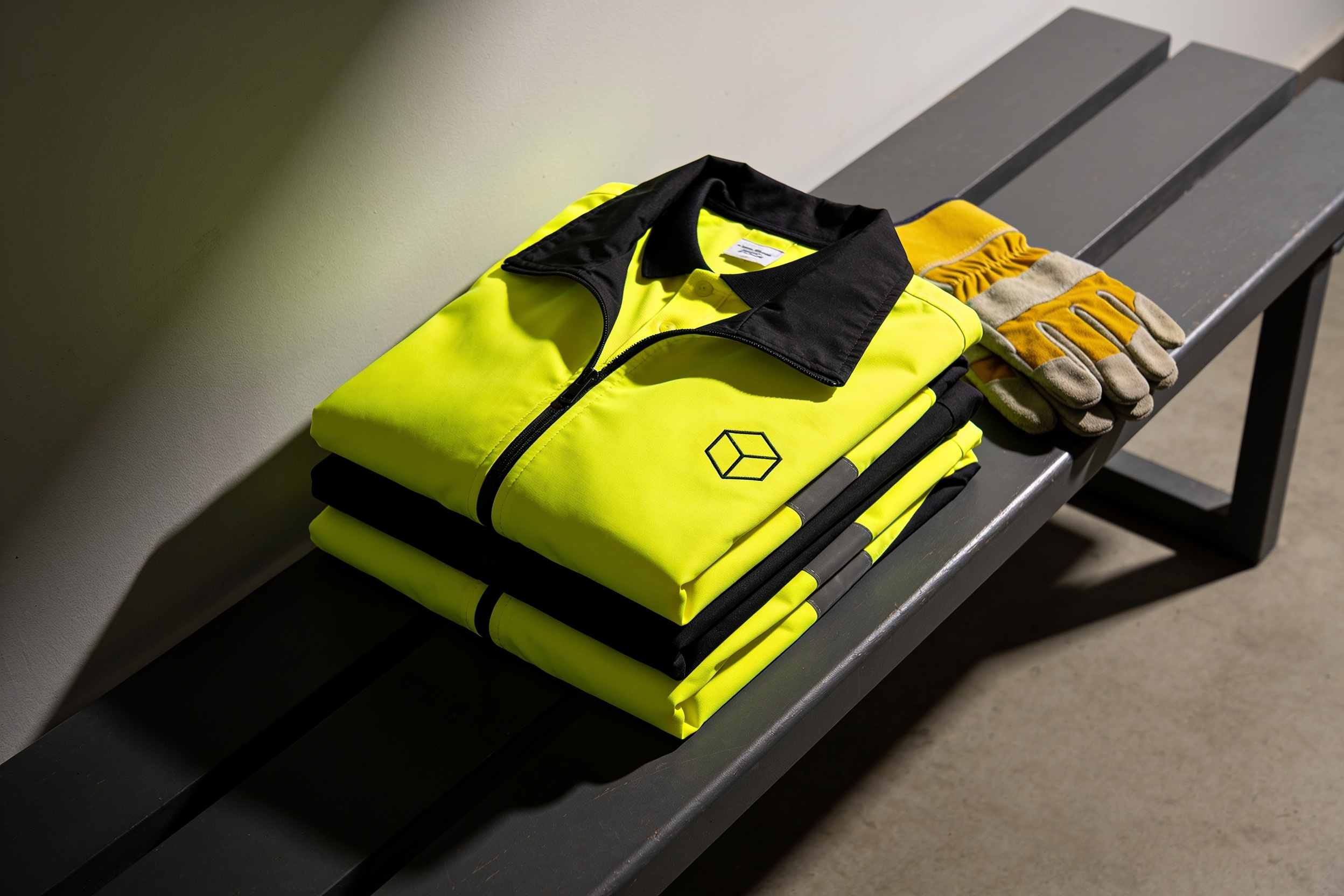 Folded hi-vis jackets and work polos with embroidered left chests, stacked on a bench beside a pair of gloves.