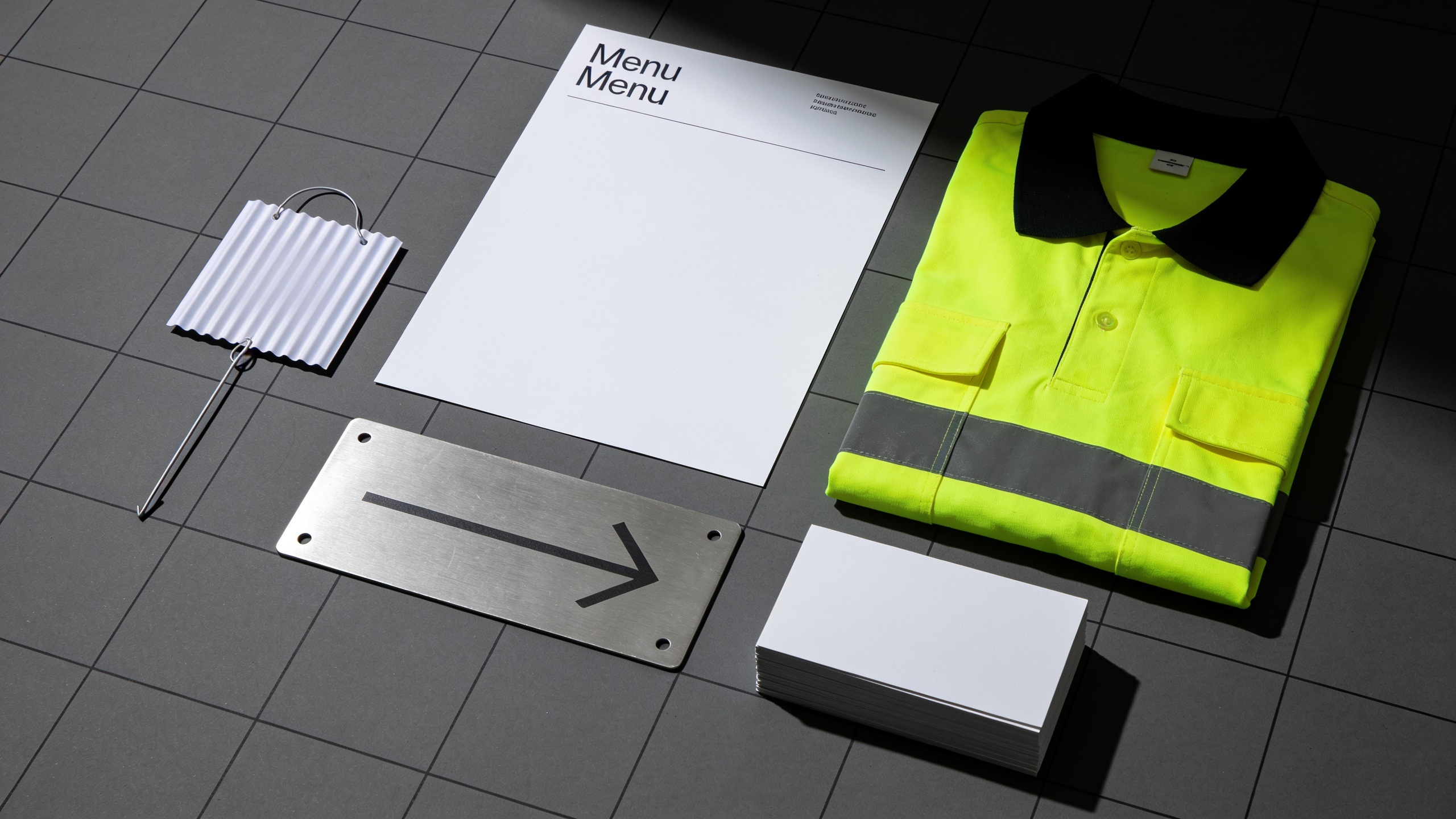 A workbench from above holding one item from each trade: a menu card, a hi-vis shirt, a yard sign with its stake, a wayfinding plate and a stack of cards.
