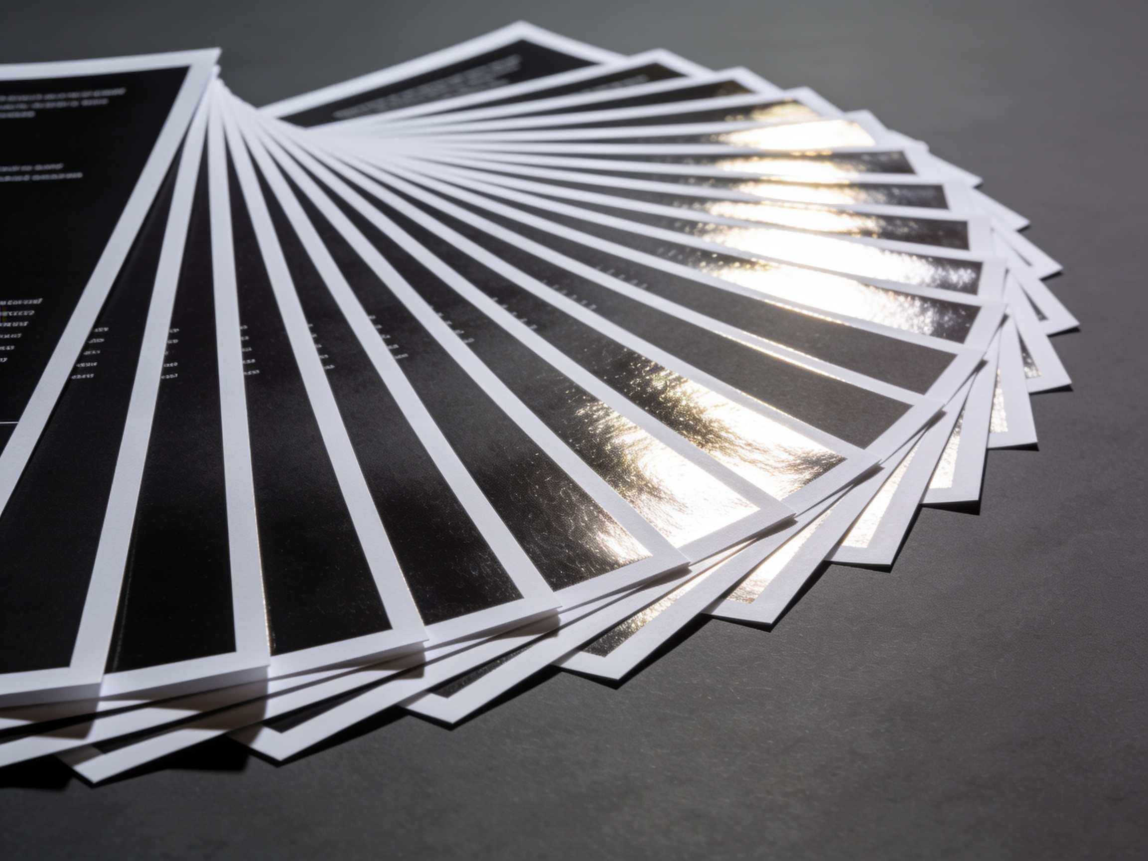 A wide fan of glossy letter-size flyers, the coating catching the light along the sweep.