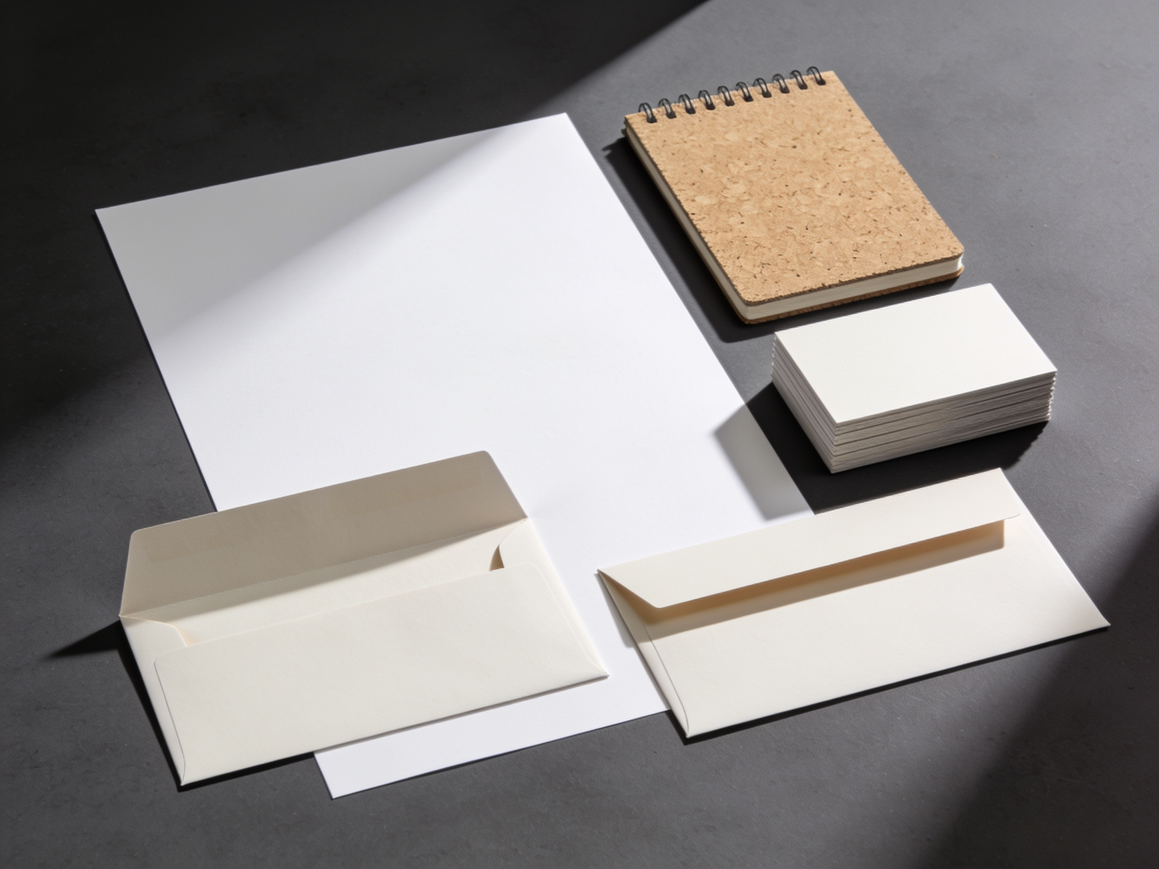 A stationery set photographed top-down: letterhead, envelopes with the flaps open, a notepad and a stack of cards.