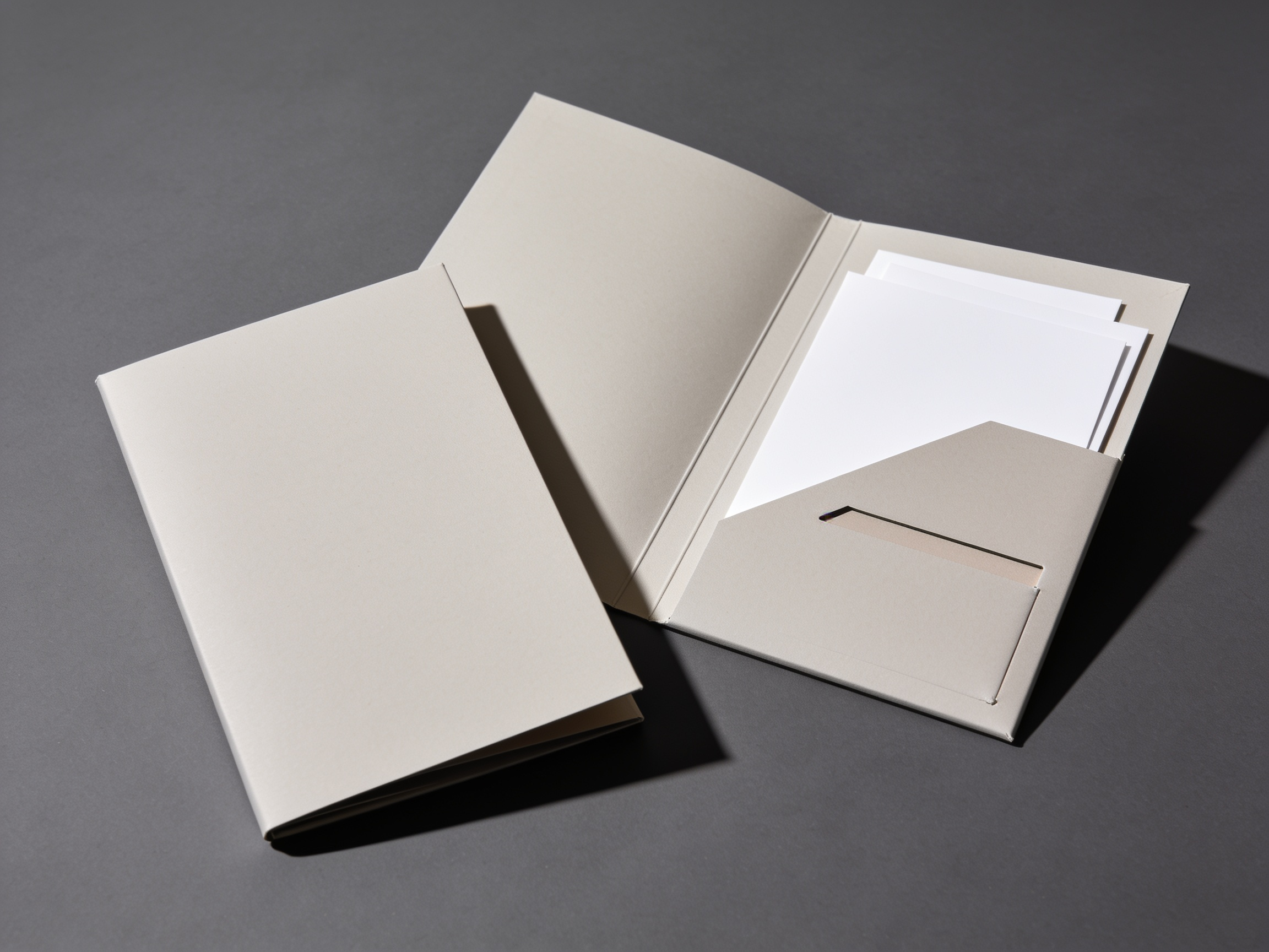 Two presentation folders, one open to show the glued pocket and the diagonal card slits cut into it.