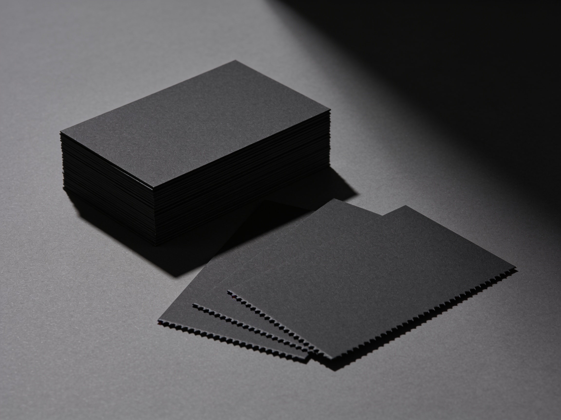 A stack of thick matte black business cards with three fanned beside it, the cut edge sharp in the foreground.