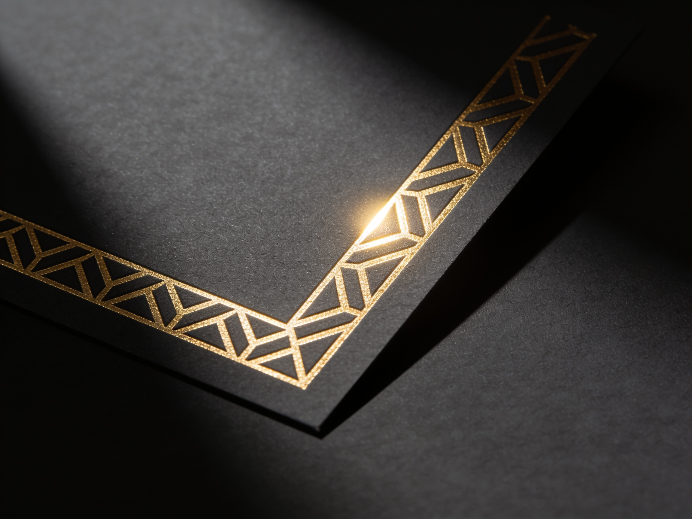 A dark uncoated card with a hot-foil stamped gold border catching a single hard light.