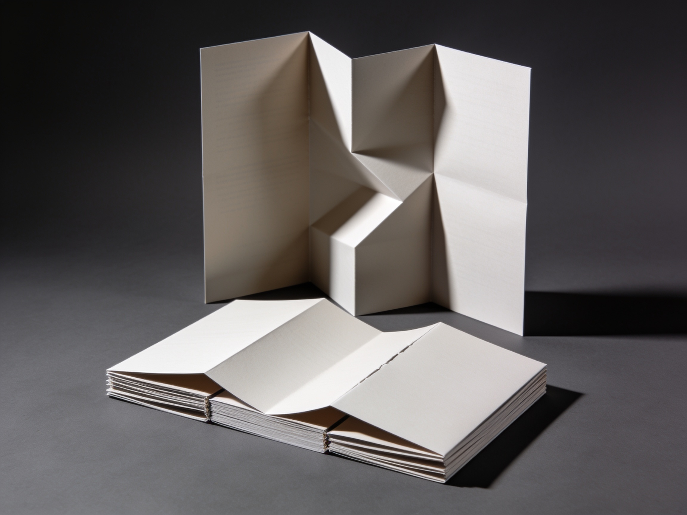 A stack of tri-fold brochures with one standing open behind it, showing clean uncracked folds.
