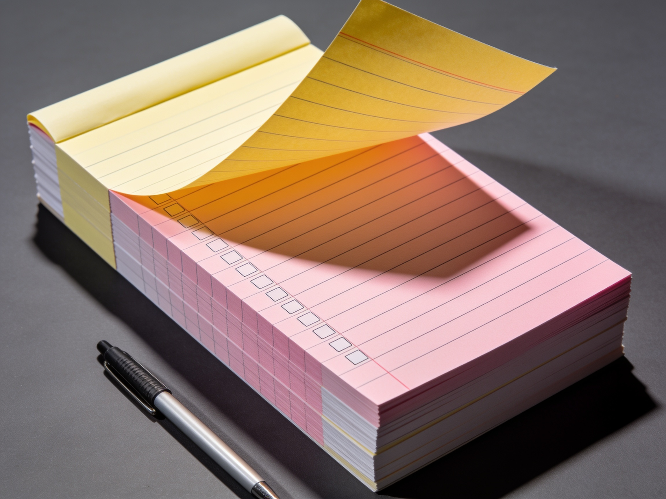 Carbonless NCR pads with the top sheet lifted to show the yellow and pink copies underneath.