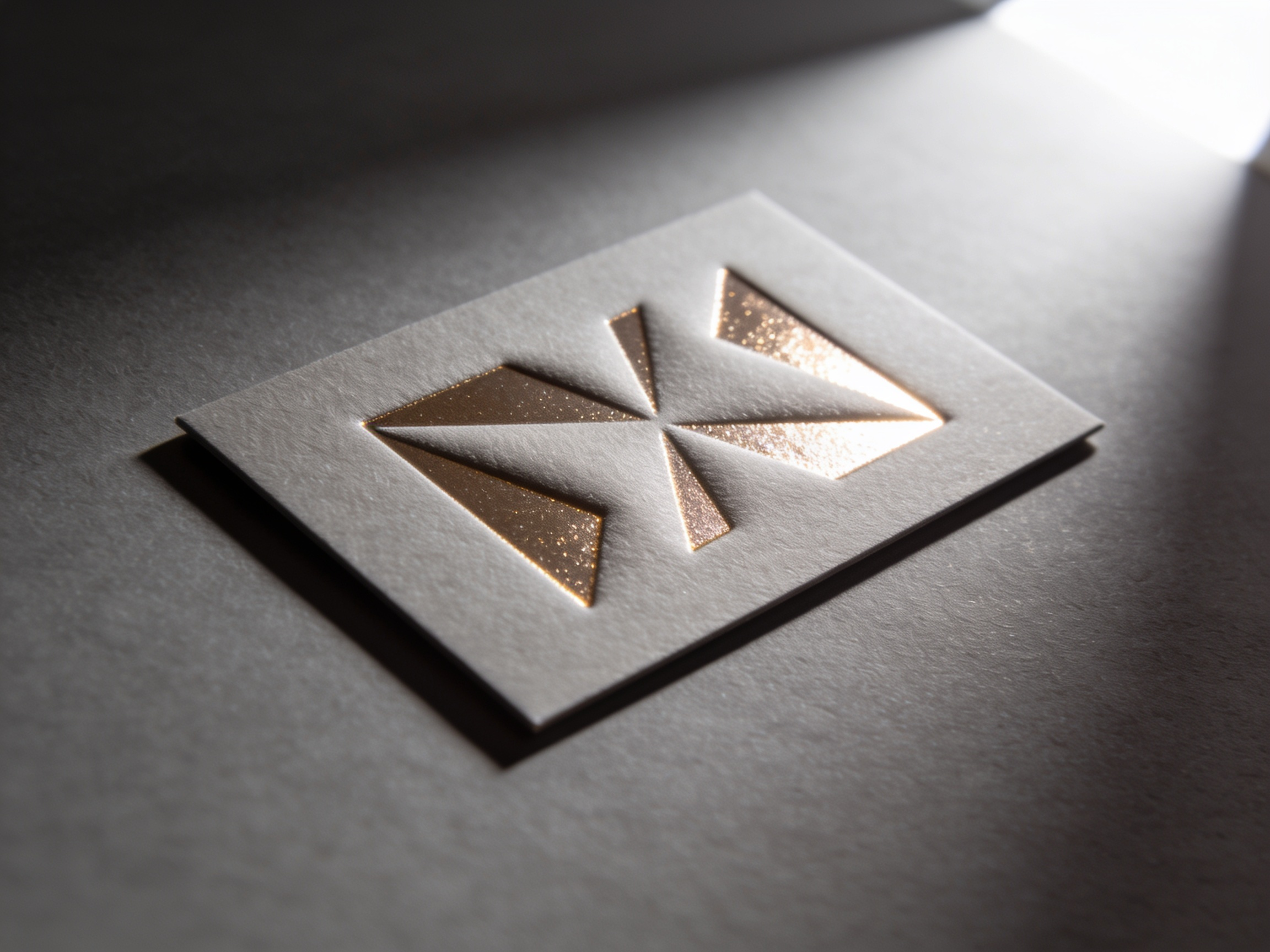 A soft-touch card at a raking angle, a glossy raised spot UV shape catching the light against the matte surface.