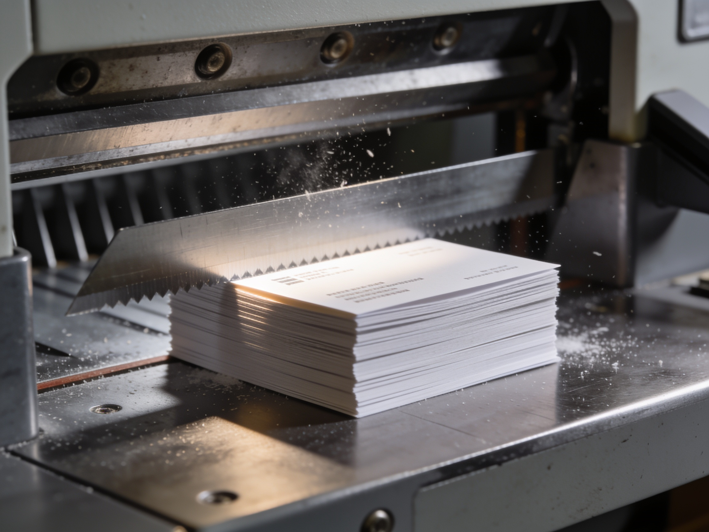 A freshly guillotined lift of cards on the steel bed of a paper cutter, the blade raised above them.