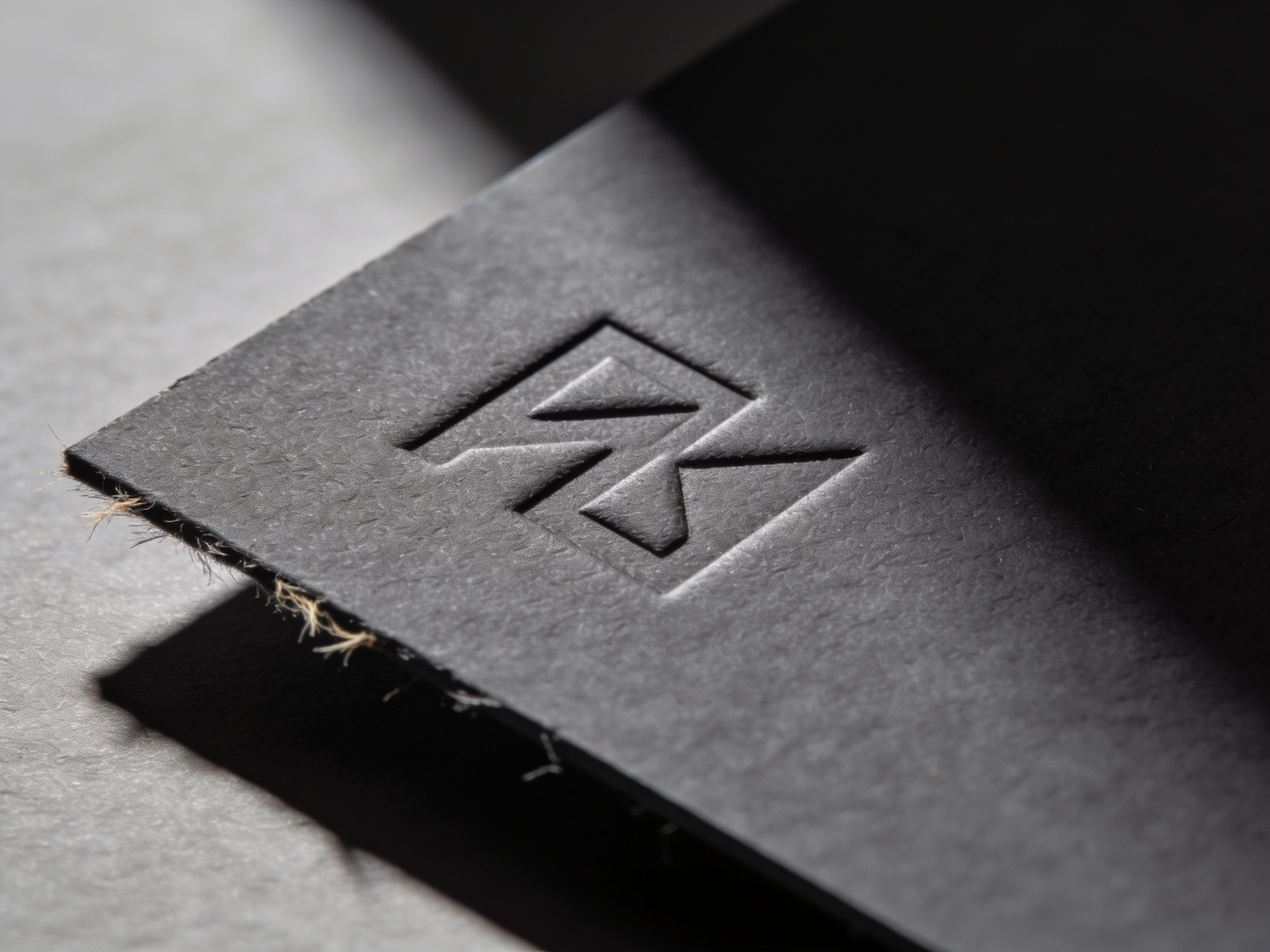 A heavy uncoated card with a deep blind deboss pressed into it, the impression reading as shadow under raking light.