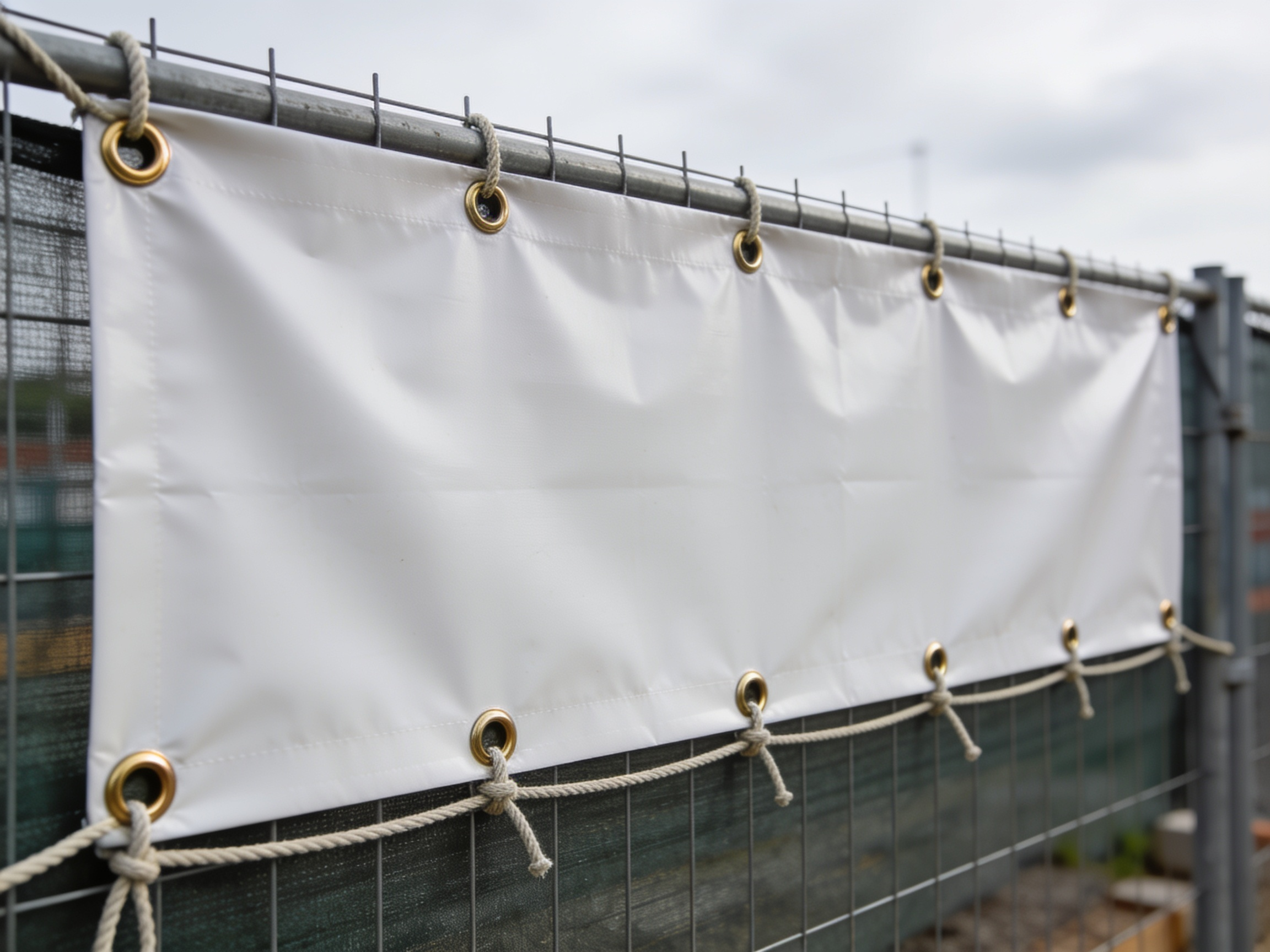 A vinyl banner stretched tight across a site fence, hemmed all round with grommets and bungee cords.