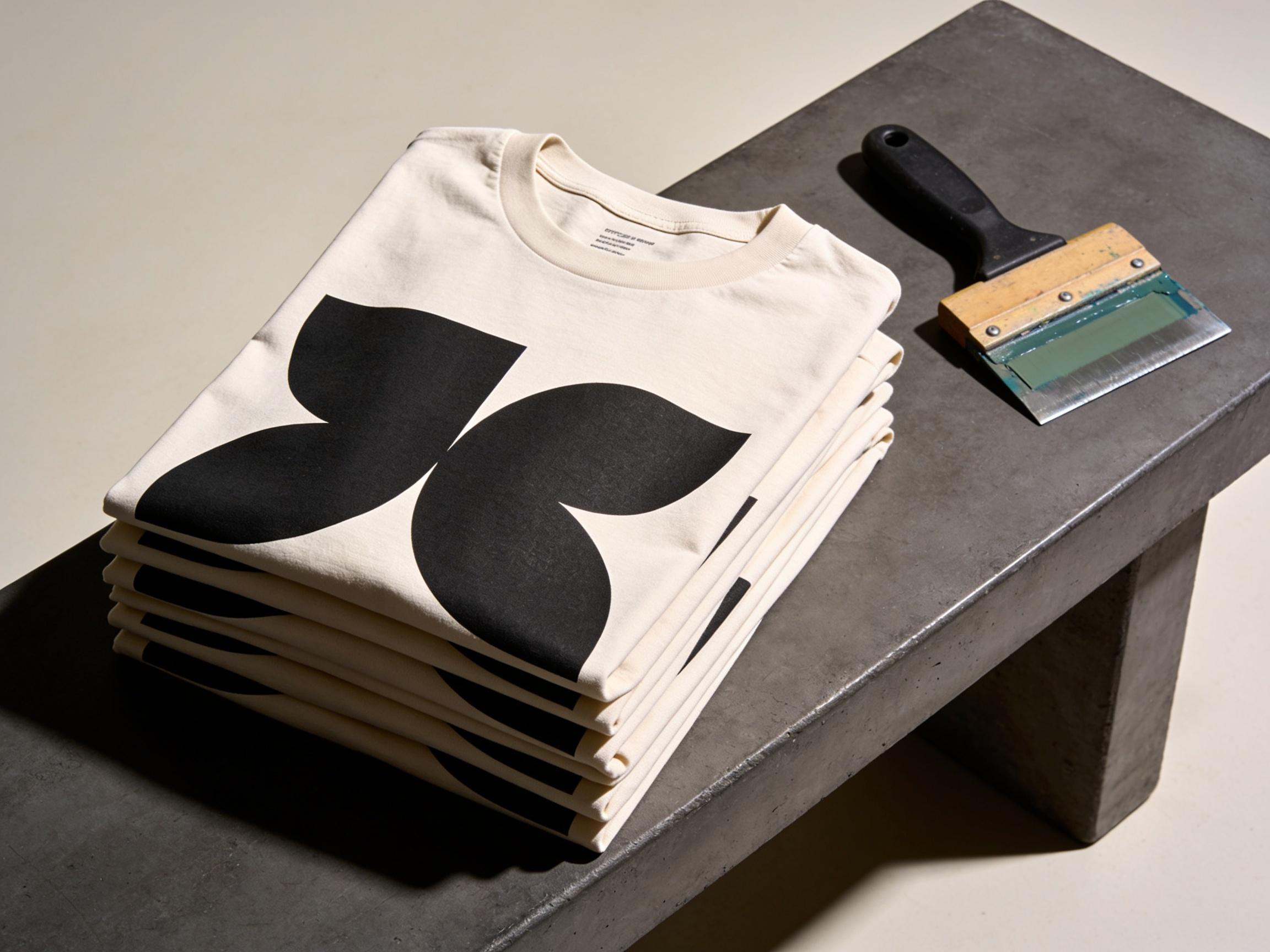Folded screen printed t-shirts with a squeegee beside them, the raised plastisol ink texture visible on the top shirt.