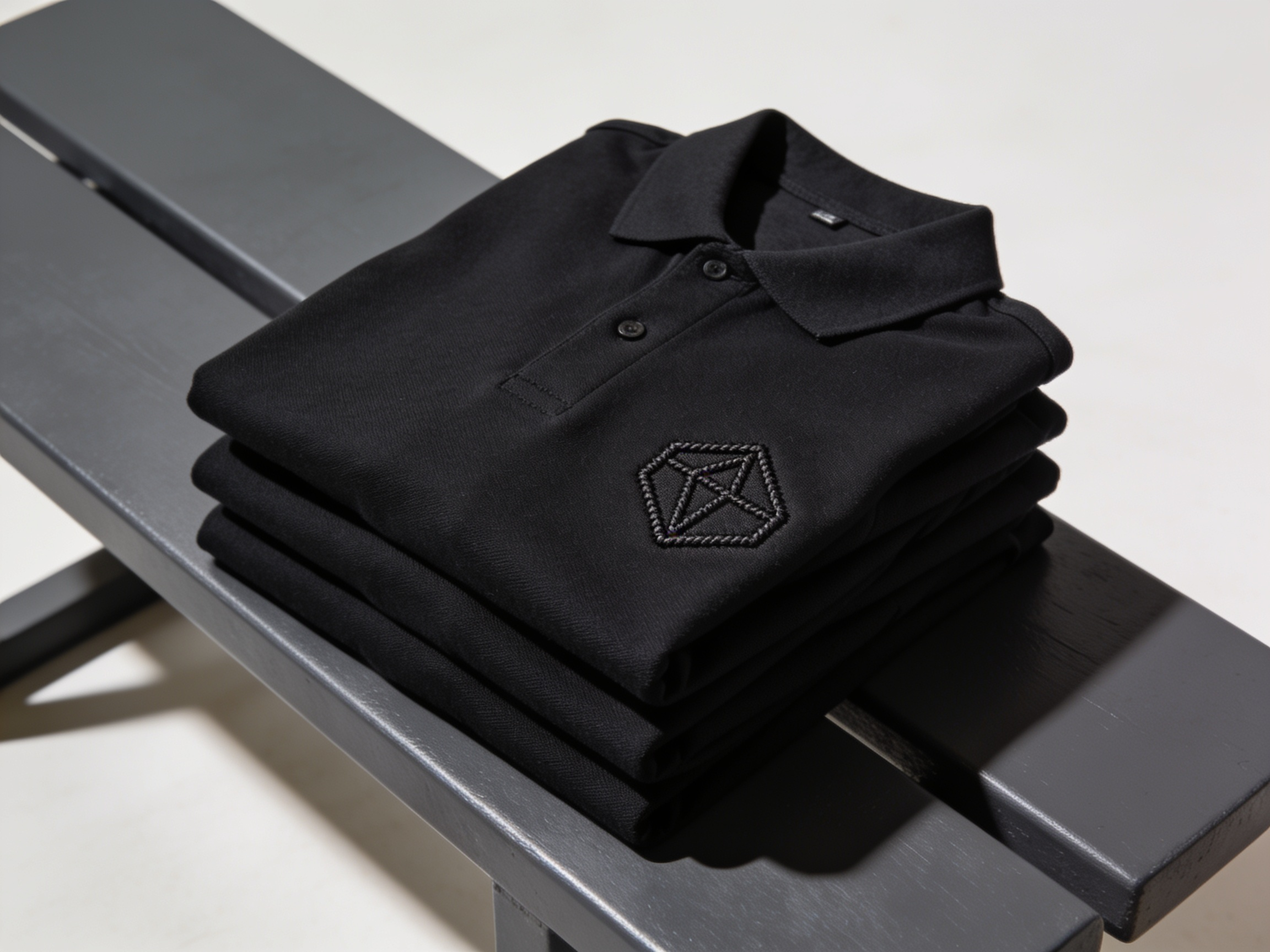 Folded black polo shirts, the top one showing an embroidered left chest with the stitch texture crisp and raised.