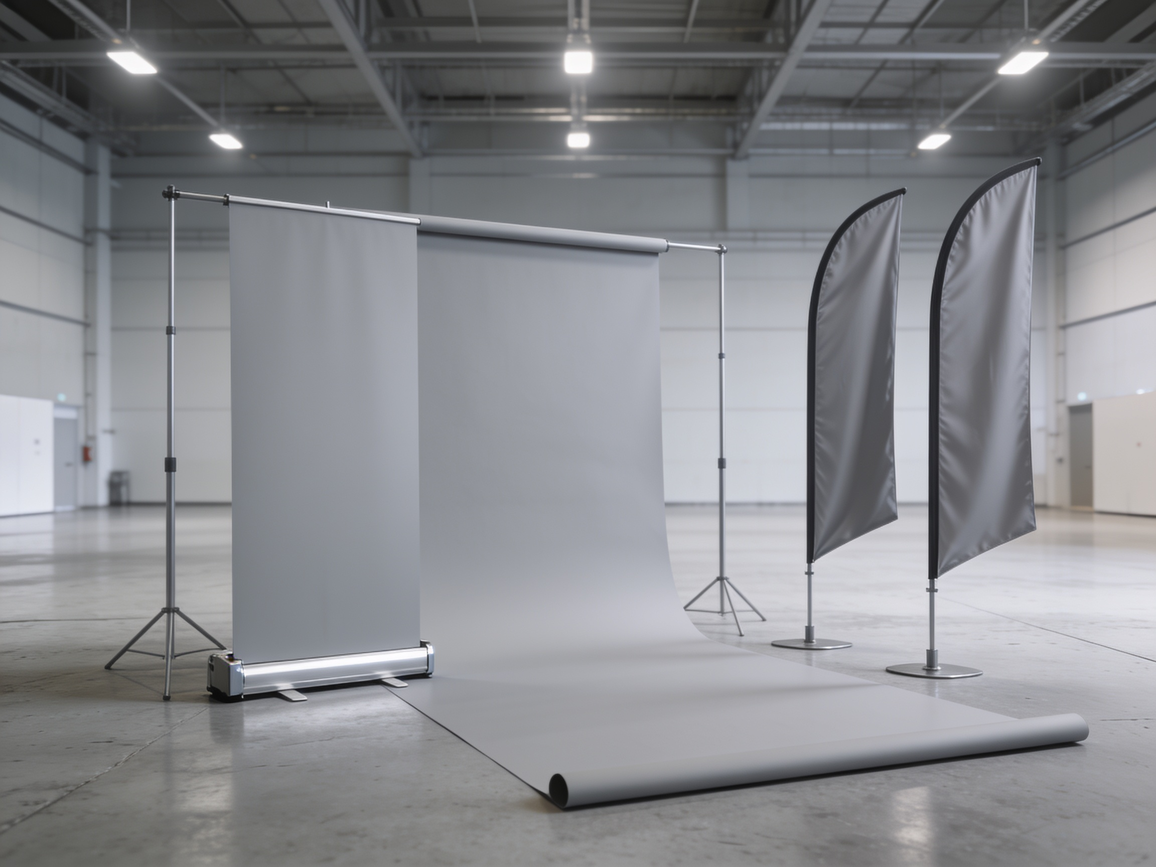 A retractable banner stand extended beside two feather flags in an empty hall, the aluminium cartridge base visible.