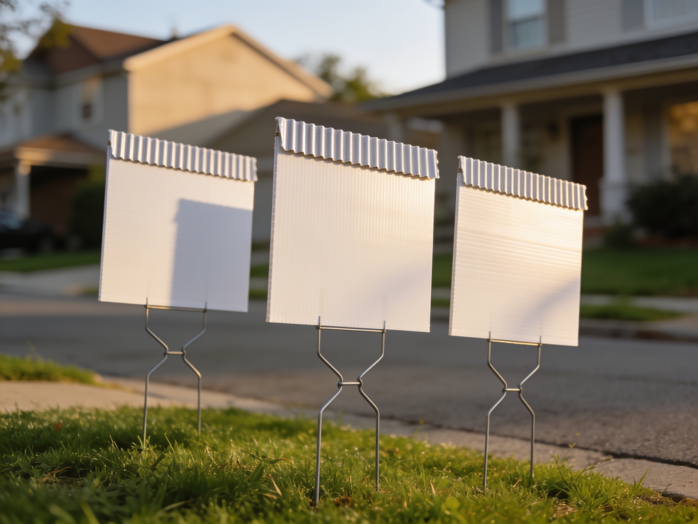 Three corrugated plastic lawn signs on wire H-stakes in a suburban boulevard, the flutes visible along the top edge.