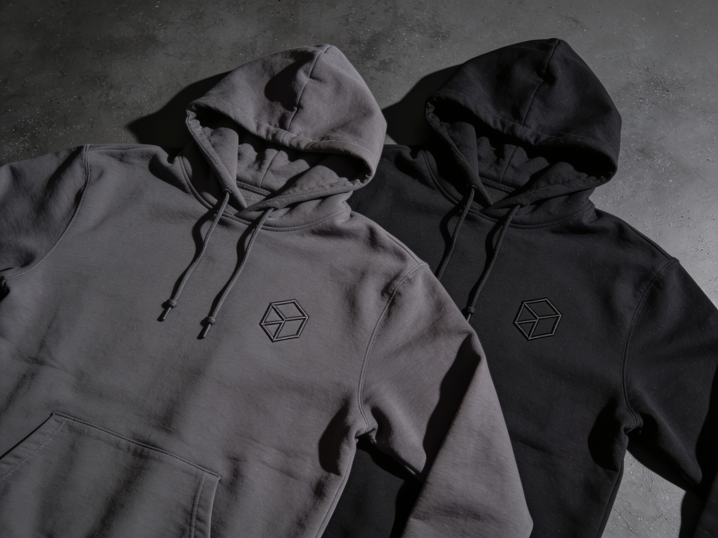 Two heavyweight hoodies laid flat and overlapping, each with an embroidered left chest and a drawstring hood.