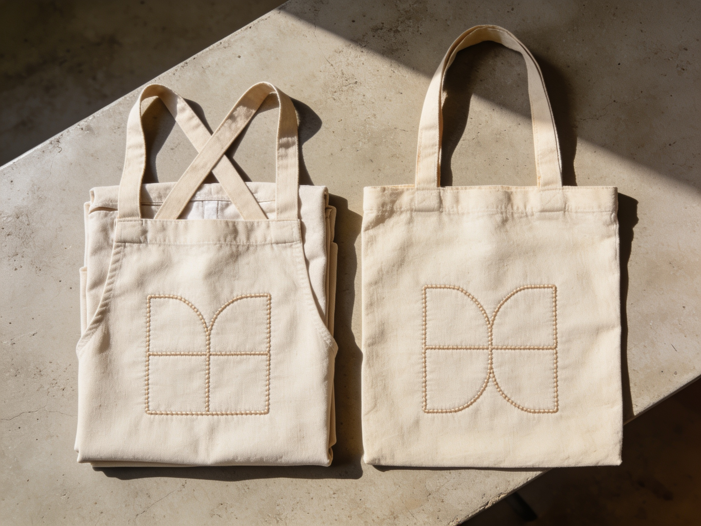 A crossback canvas apron and a canvas tote side by side, each embroidered, the weave of the canvas visible.