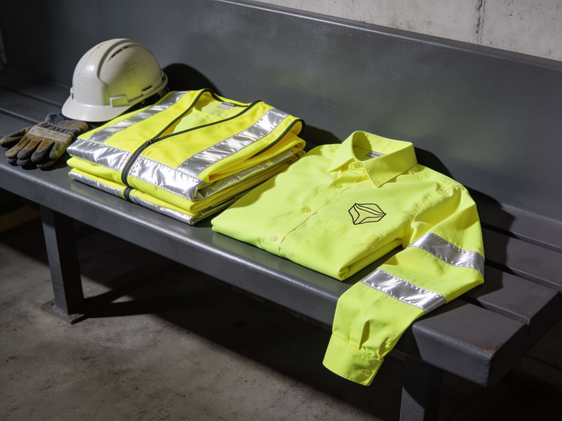 Folded hi-vis vests and a work shirt with reflective tape catching the light, gloves and a hard hat beside them.