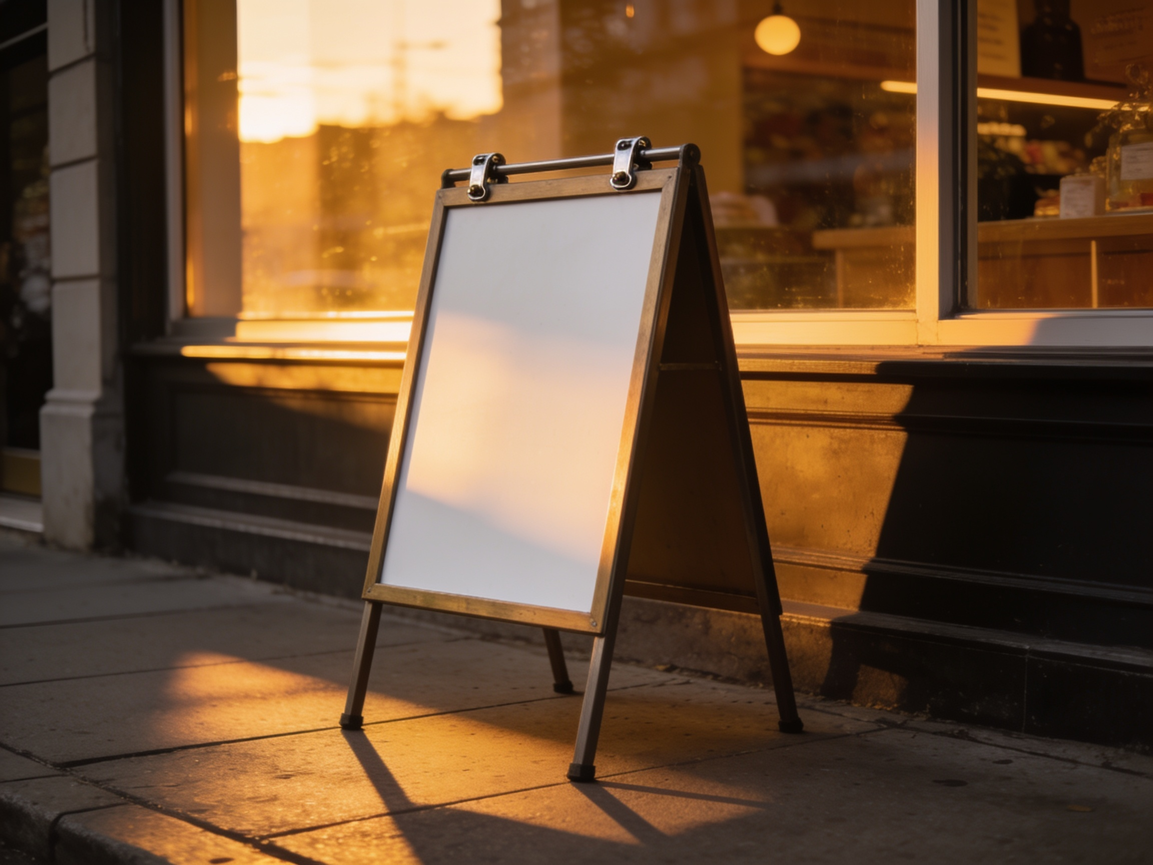 An A-frame sidewalk sign on a pavement at dusk, its insert panel blank, warm light from the shopfront behind.
