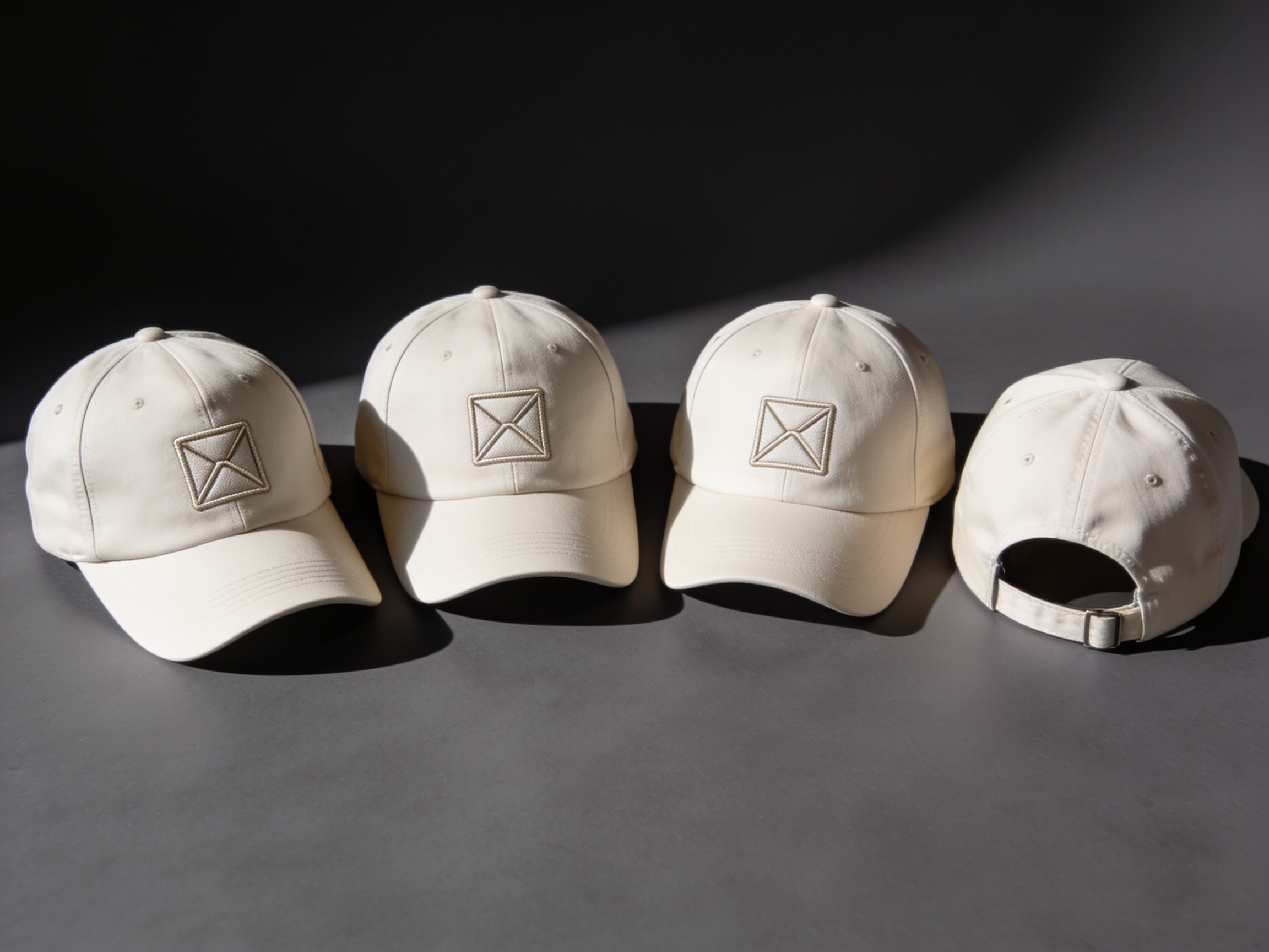 Four structured caps in a row, each embroidered on the front panel, one turned to show the closure at the back.