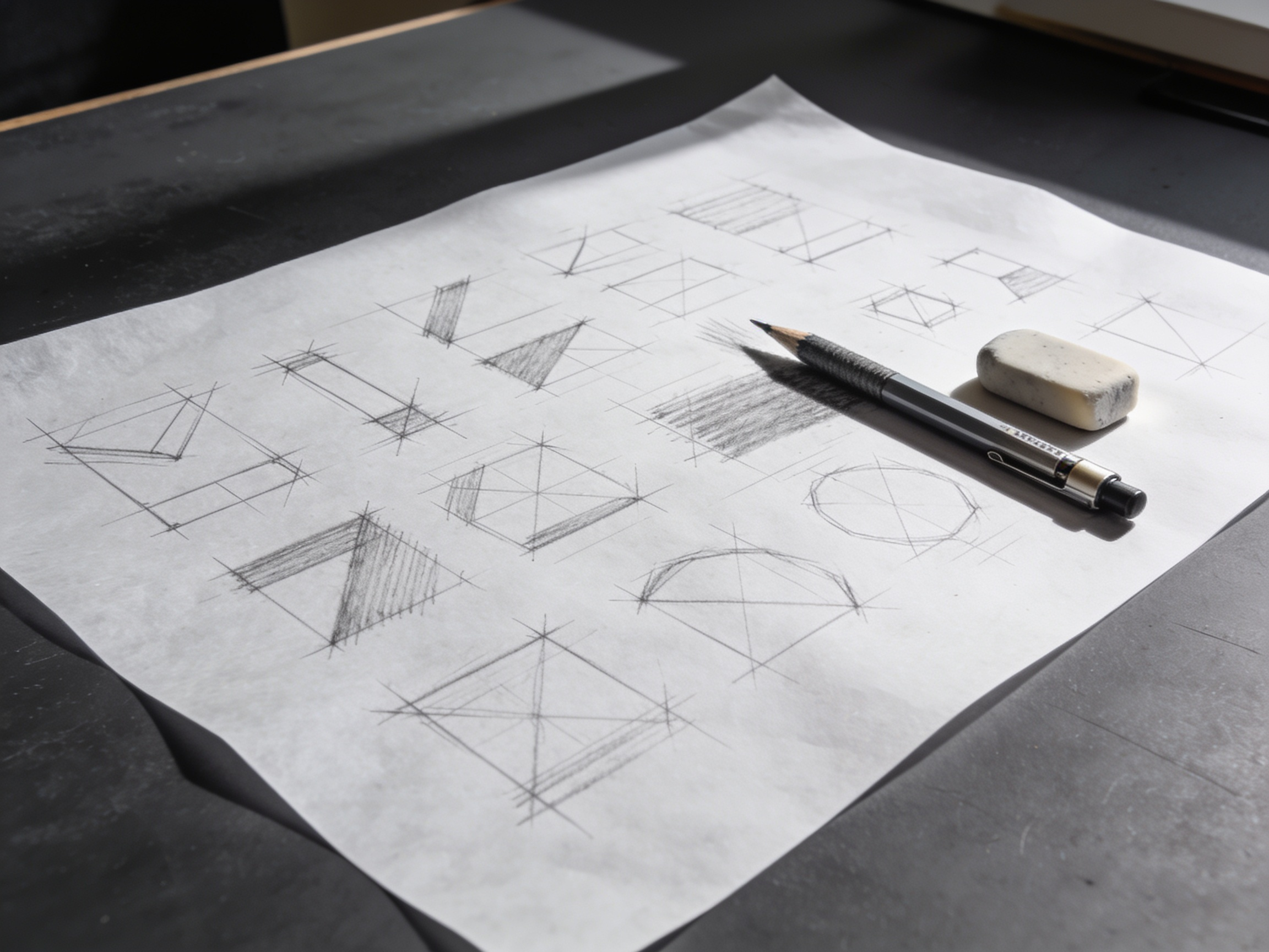 Tracing paper covered in hand-drawn pencil sketches of marks, with a mechanical pencil and eraser resting on it.