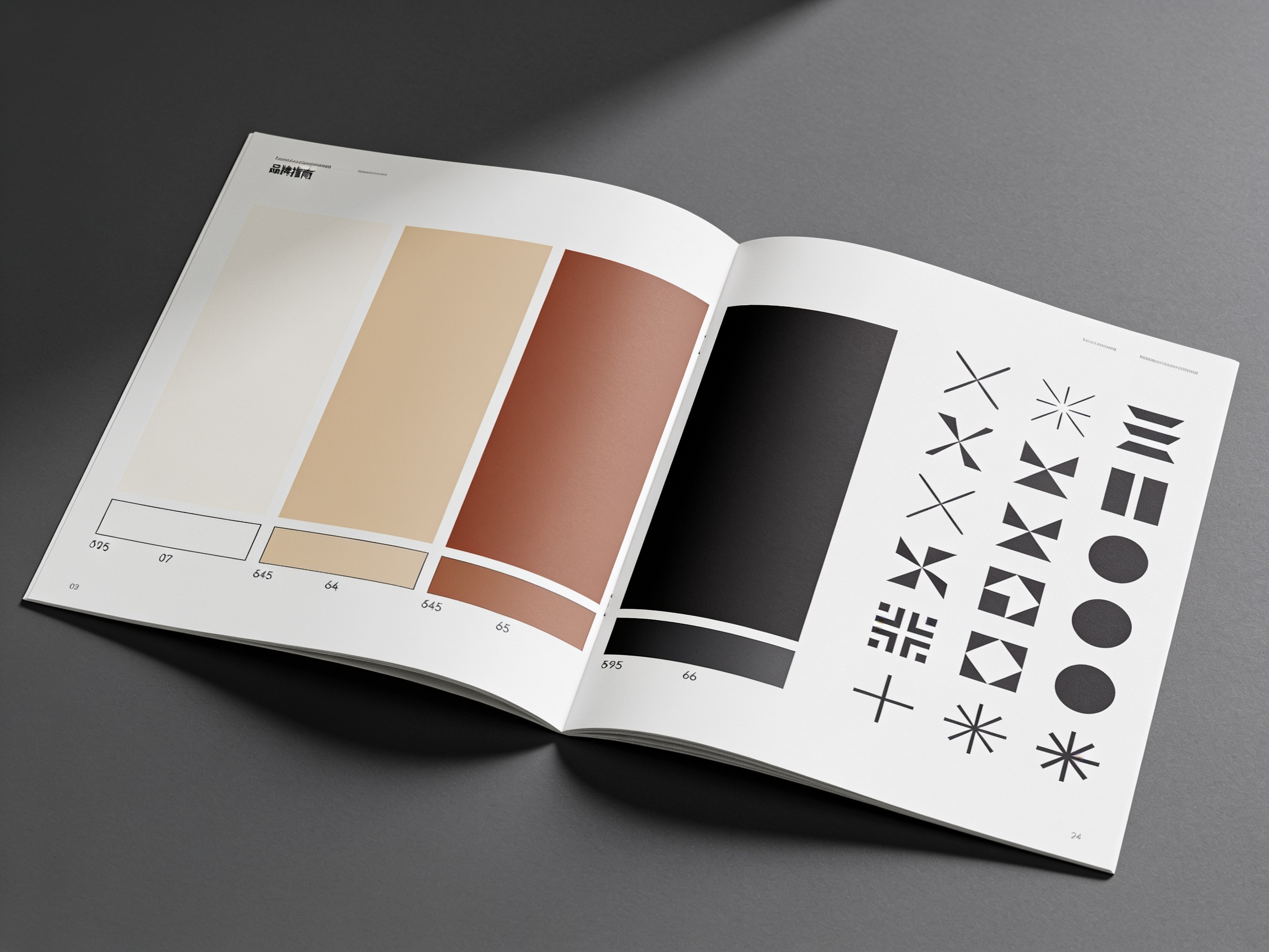 A printed brand sheet open on a desk, showing a row of solid colour blocks and a grid of mark variations at different sizes.