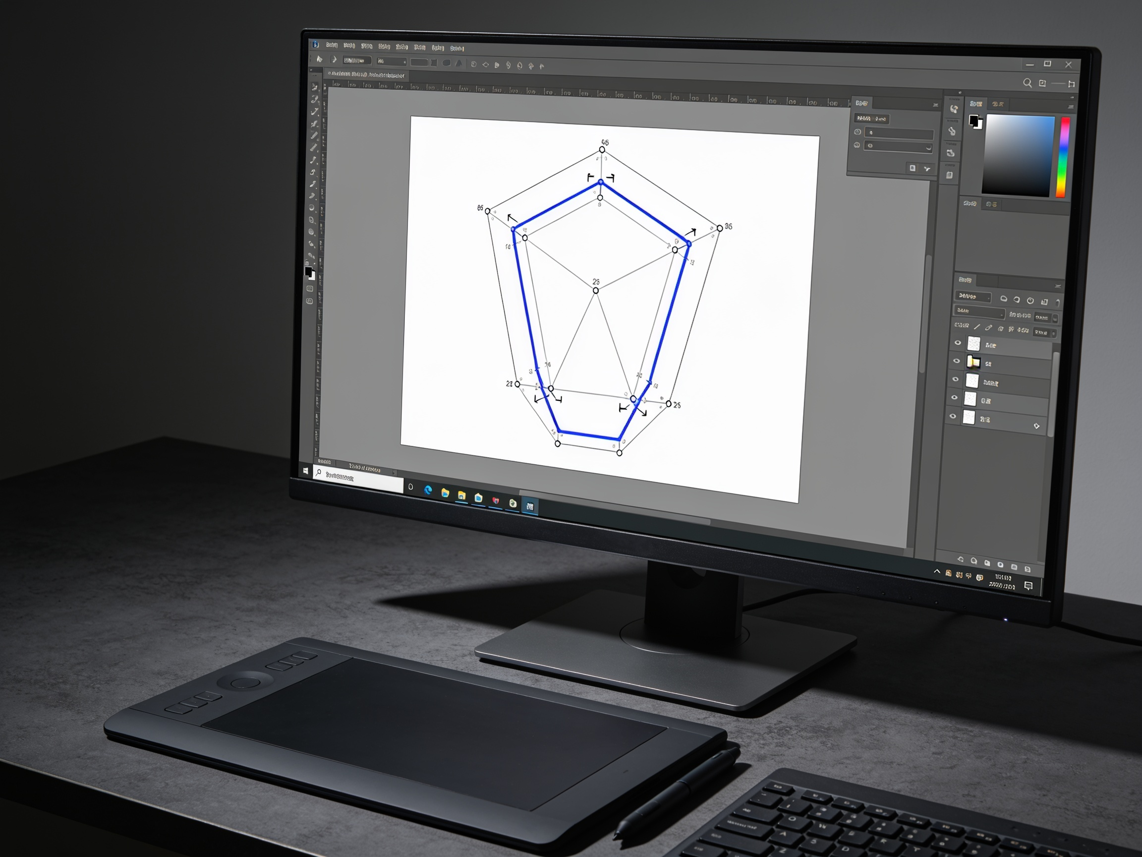 A monitor showing vector artwork with visible bezier anchor points and handles, a graphics tablet beside the keyboard.