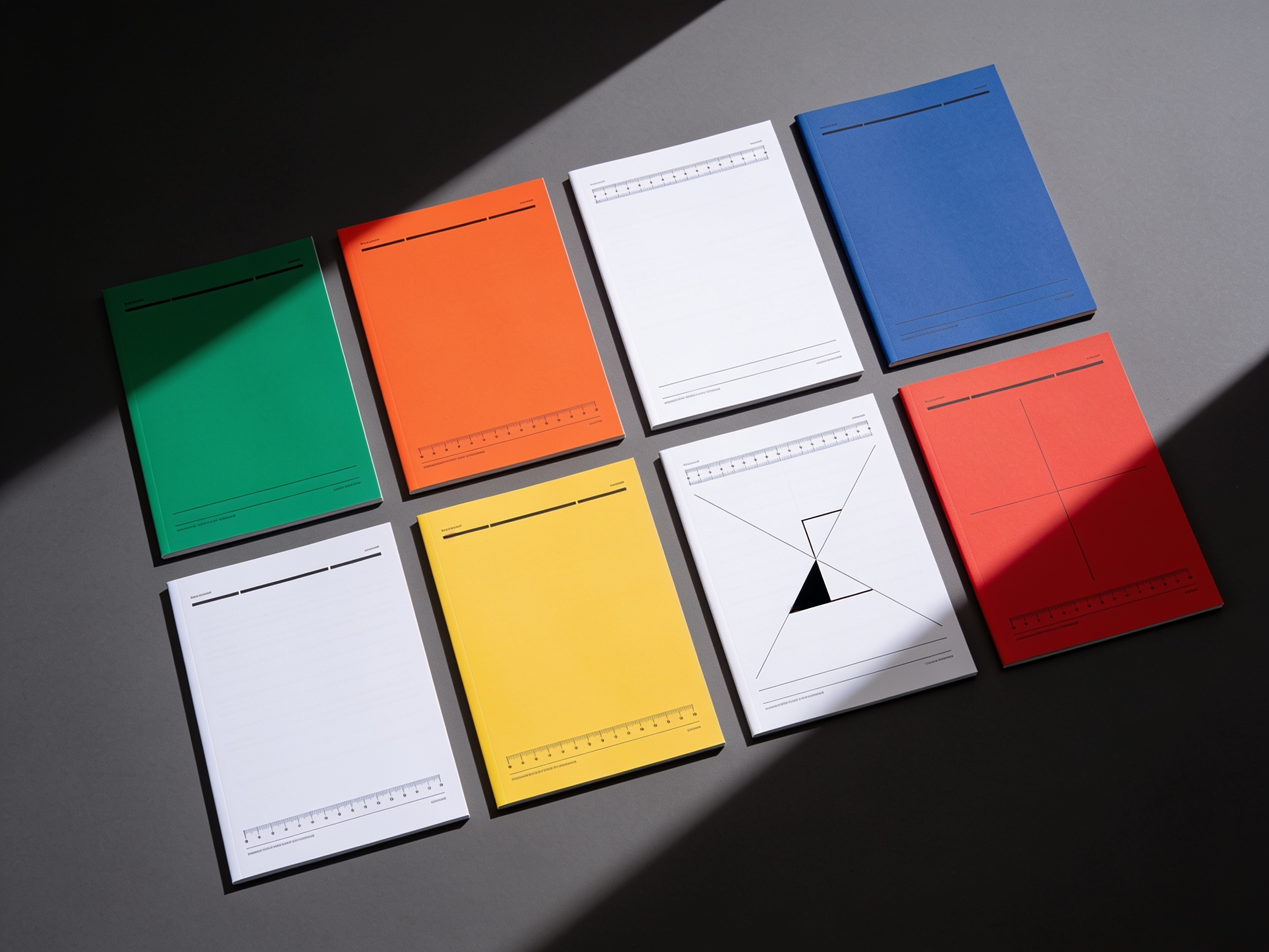 Eight printed brand kit pages laid out in a grid, carrying colour blocks, spacing diagrams and mark variations.